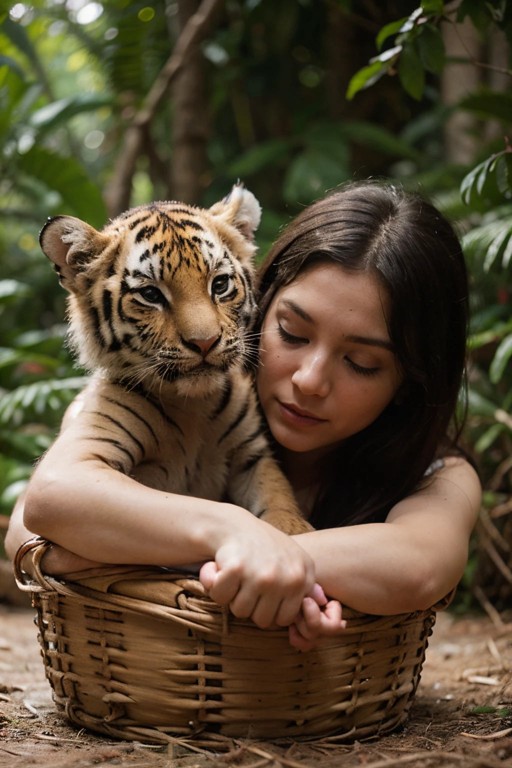 A tiger cub sniffs a human baby in the jungle, the baby sleeps in a basket