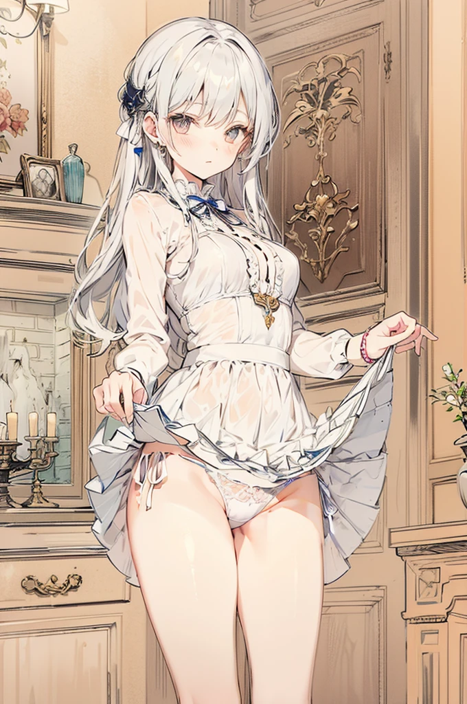 pale apricot colored panties decorated with white lace, side tie panties,