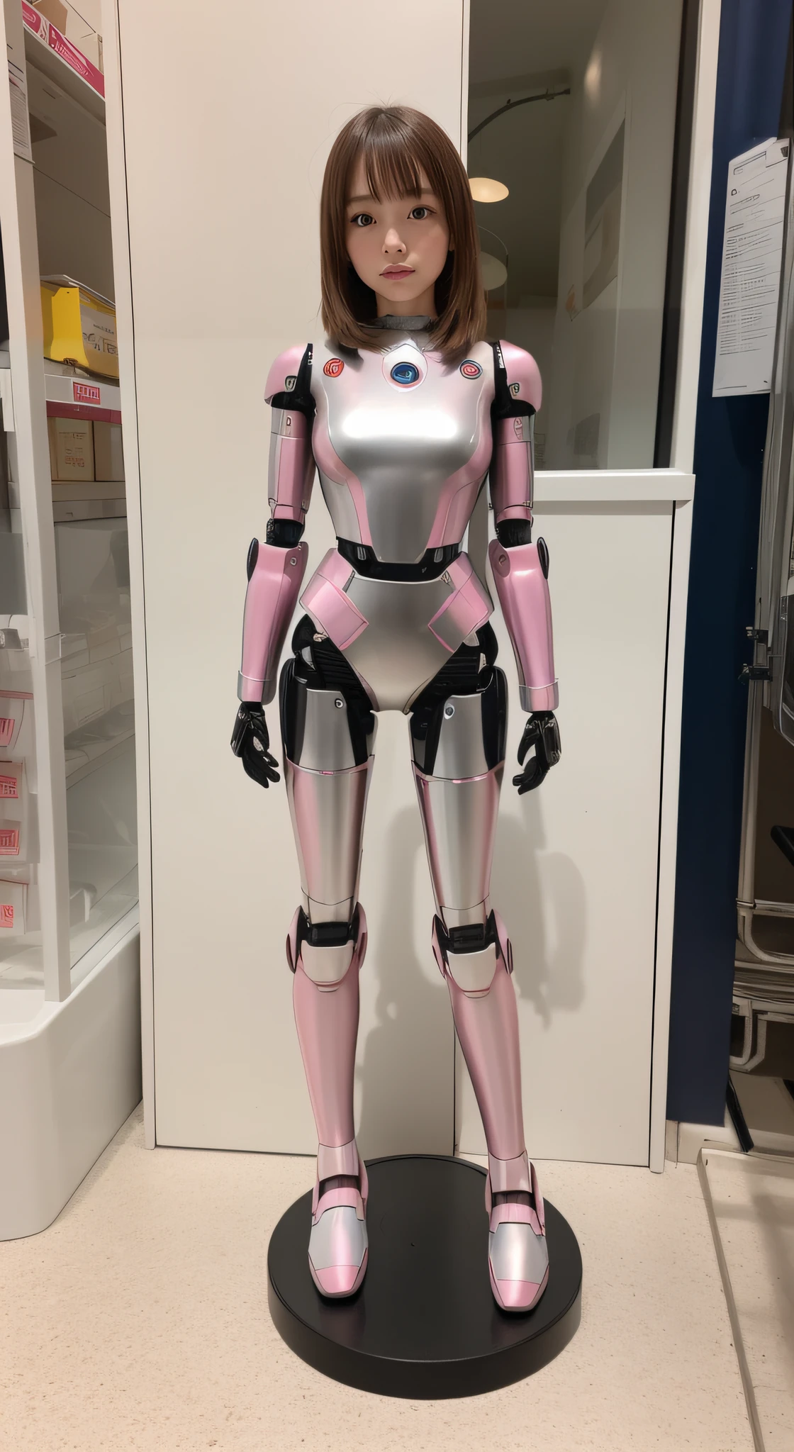 Robot Girl, pink there, Silver, Metallic body, Robot Parts, Metal Parts, Super Detailed Face, Super well-formed face, of the highest quality, a small face, small head, Brown hair, Slender body, Camera gaze, Internal Mechanical Exposure, Idol, front facing, Well-proportioned body, sale, Exhibited, Event Hall, Moe Pose, pink metallic princess dress machine armor, Standing with legs open, Model body type, sad, Embarrassing,(Perfect Robot Girl),(Perfect machine body)