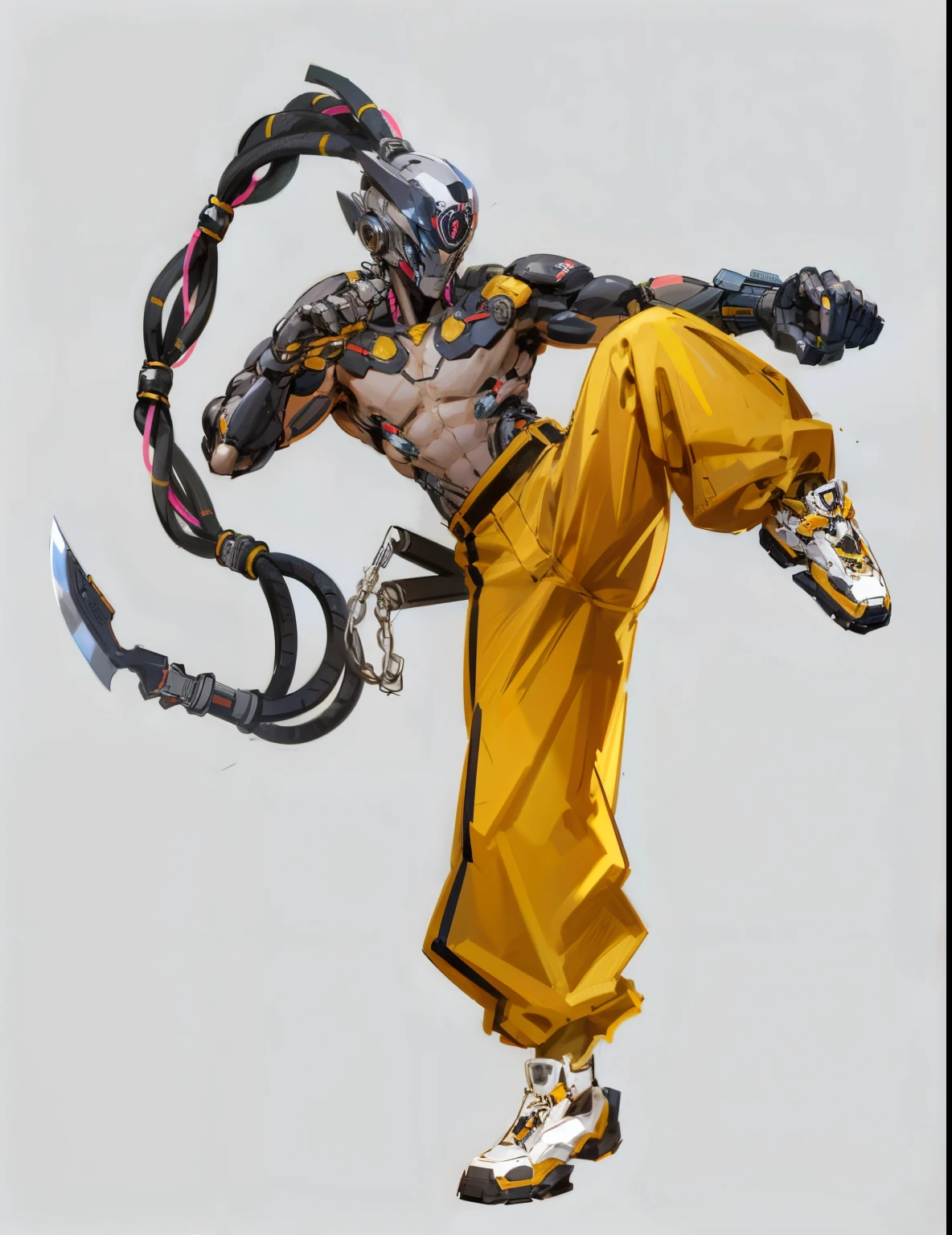 inner plane, ((A futuristic looking Bruce Lee chrome robot man)) Wear one (((Technology suit metal))), humanoid robots, ((Tactical gloves iron gray)), Mechanical neck, hyper HD, Anatomically correct, Best quality at best, The main part,baggy yellow pants,Bruce Lee,Martial artist,cyber punk personage