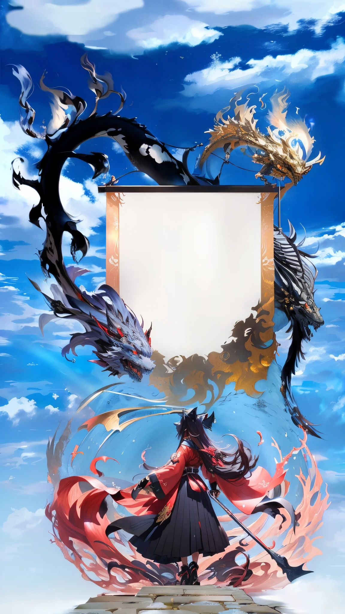 Anime girl with long hair and red dress standing in water with big dragon, anime art wallpaper 4k, anime art wallpaper 4k, Anime art wallpaper 8k, anime fantasy artwork, 4K fantasy art, badass anime 8 K, anime epic artwork, onmyoji detailed art, anime fantasy illustration, inspired by Nōami, anime style 4 k