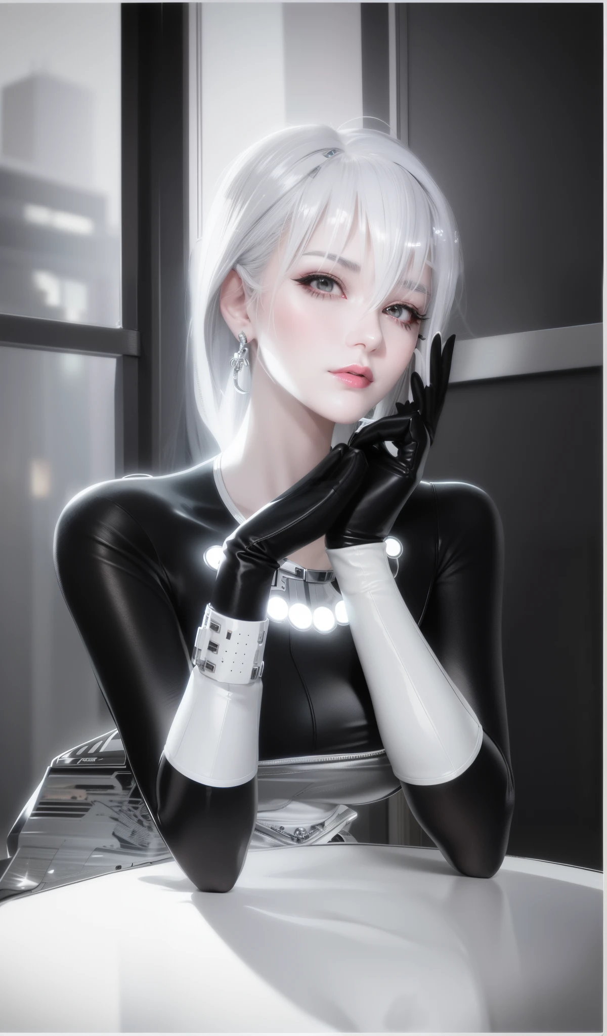 anime girl with white hair and black gloves posing for a picture, cyborg - girl with silver hair, tifa lockhart with white hair, seductive anime girl, twintails white_gloves, anime barbie in white stockings, beautiful alluring anime woman, photorealistic anime girl render, perfect white haired girl, 2 b, 2b, perfect android girl, girl with white hair