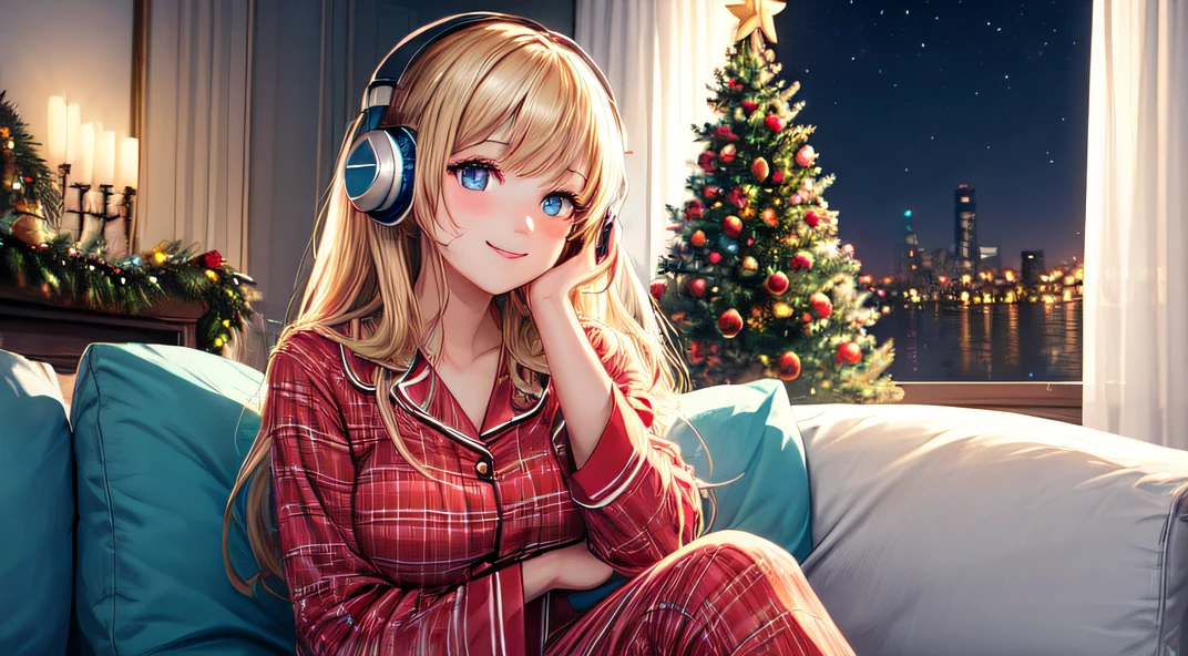 (best quality,masterpiece:1.2),detailed,perfect face,girl listening to music in a cozy room at night,by a big window, sitting on the couch,looking out the window,wearing pyjamas pants,christmas decorations in the room,2D anime style,illustration,soft lighting,vibrant colors,sparkling ornaments, christmas tree,night,peaceful atmosphere,cozy background,expressive eyes,warm smile,flowing hair,headphones on,bright-eyed,likeable character