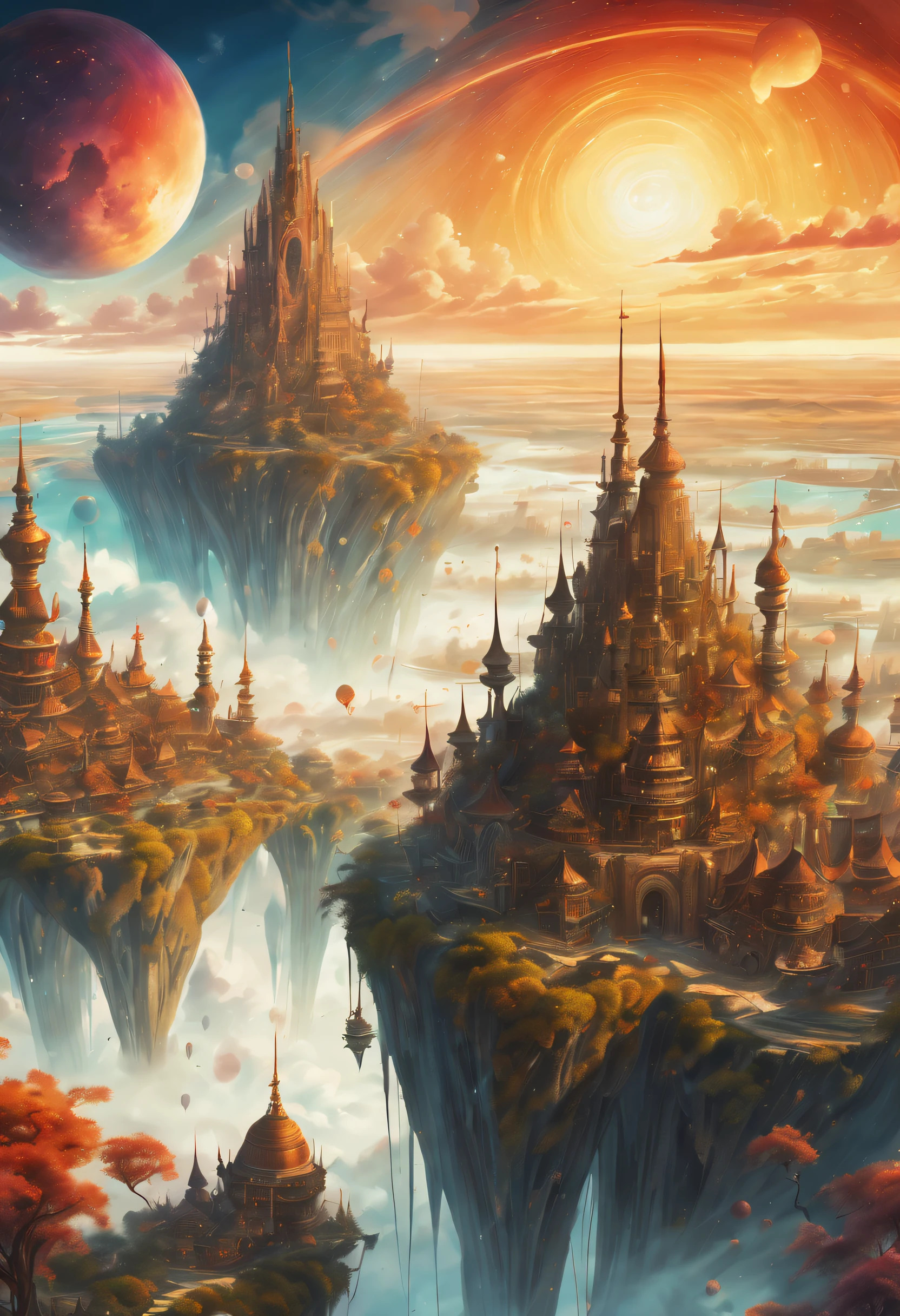 (((Amazing quality and crazy majestic fantasy utopia world illustration:1.3))), My heart wanders in a world of eternal illusions, Where the sky is the canvas, A sky where the sun and black shine merge, amazing watercolors, A unique blend of digital and traditional techniques, Very beautiful sky, Background of intricate details, Breathtaking fantasy landscape with cityscape, Highest quality resolution, A beautiful visual fantasy masterpiece, I can't believe it's truly out of this world, Artistic element, fantastic fantastic beauty, Academy of Arts and Mythical Style, (Intricate details:1.3), (Amazing detail quality and tonal contrast:1.3),