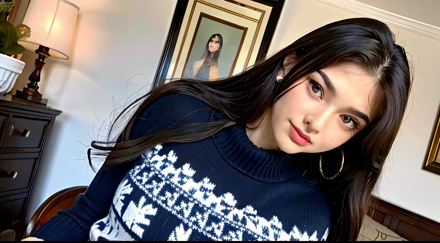 ((best quality)), ((masterpiece)), (detailed), perfect face, teenager 19 year old girl ,surreal, indian girl, (high resolution), (8K), ((extremely detailed)), (best illustration),beautiful detailed round eyes , (best quality), (super detailed), (masterpiece), (detailed face), with small smile , best quality, big breasts ,wearing beautiful blue traditional , winter clothes round sweater tide jeans , with beautiful earing , Seductive body ,long black curly hair ,Super chic face detail, Super detailed lips)), ((Detailed eyes, standing, showing full body, in her room ,