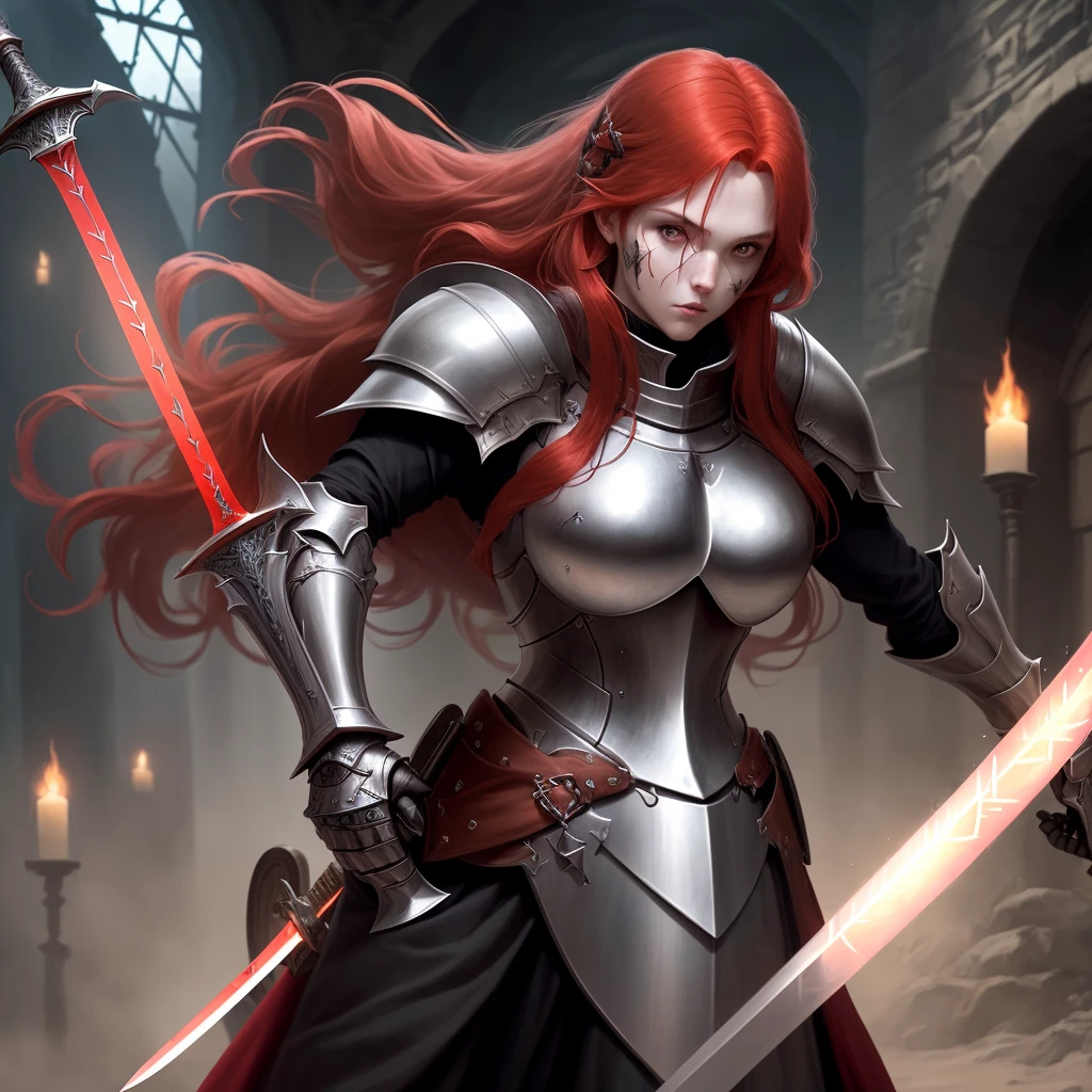 Bad ass female knight with an hourglas shape long red hair a huge sword and a scar on her cheek