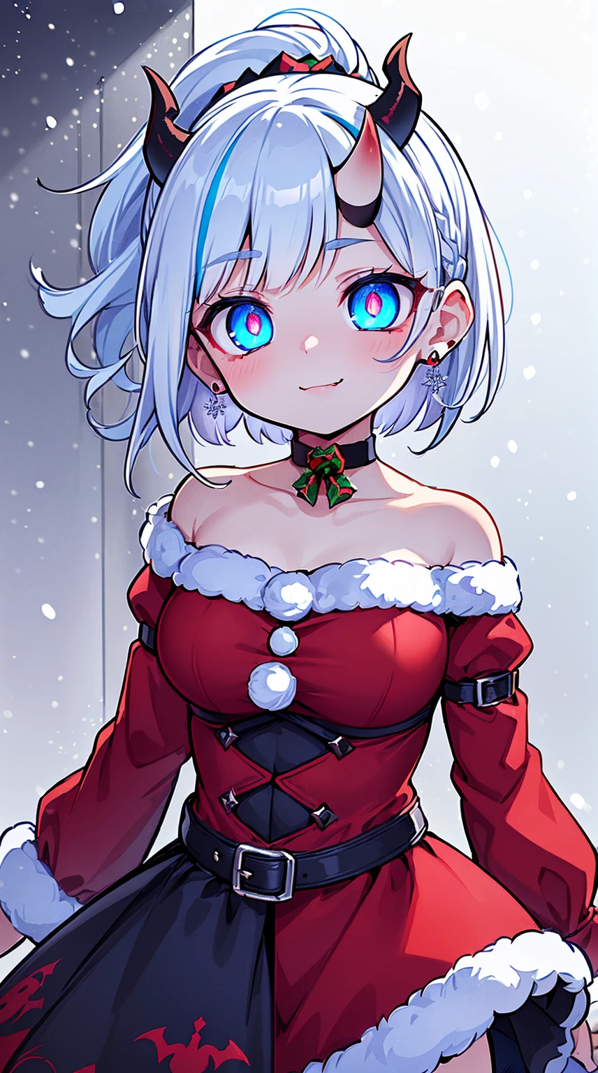((( (Winter background), (Snowing), (Christmas theme), (Slutty Santa outfit), ))) BLACKLIGHT, ((NSFW)), ((Medium Boobs)), realistic art, extremely delicate and beautiful, ultra-detailed, (1girl), ((Blue eyes)), floating, detailed light, illustration, dynamic angle, depth of field, ((((milf)))), girly, ((Blue and White hair, multicoloured hair, Blue highlights hair, (Ponytail), hair ornament, hair flower, flower, makeup, braid, smile)), demon eyes, fangs, pale white skin, (((best quality, tall girl, (skindentation), (blur background:0.6), (casual yet stylish, ((Demon Horns)), ), gorgeous, (short hair:1.5), soft lighting, wind, (front light:1.5), surprised, choker, smile, jewelry, earrings))), (ultra high res, best quality,), (8k, raw photo, best quality, masterpiece), technological sense, best quality, masterpiece, illustration,CG ,unity ,wallpaper, official art, Amazing, finely detail, an extremely delicate and beautiful,extremely detailed, highly detailed, sharp focus,rich background, (real person,photograph), ((high detailed skin)), ((( , (crazy eyes:1.3), (wide-eyed:1.2), (glowing eyes), (Demon) ))), (((a close up of a person with a weird face and nails, gothic maiden anime girl, gothic - cyberpunk, cyberpunk horror style, gothic art style, detailed digital anime art, gothic art, demon anime girl, gothic girl face, anime style 4 k, dark art style, anime cyberpunk art, gothic aesthetic, 18 - year - old anime goth girl, gothic horror vibes)))