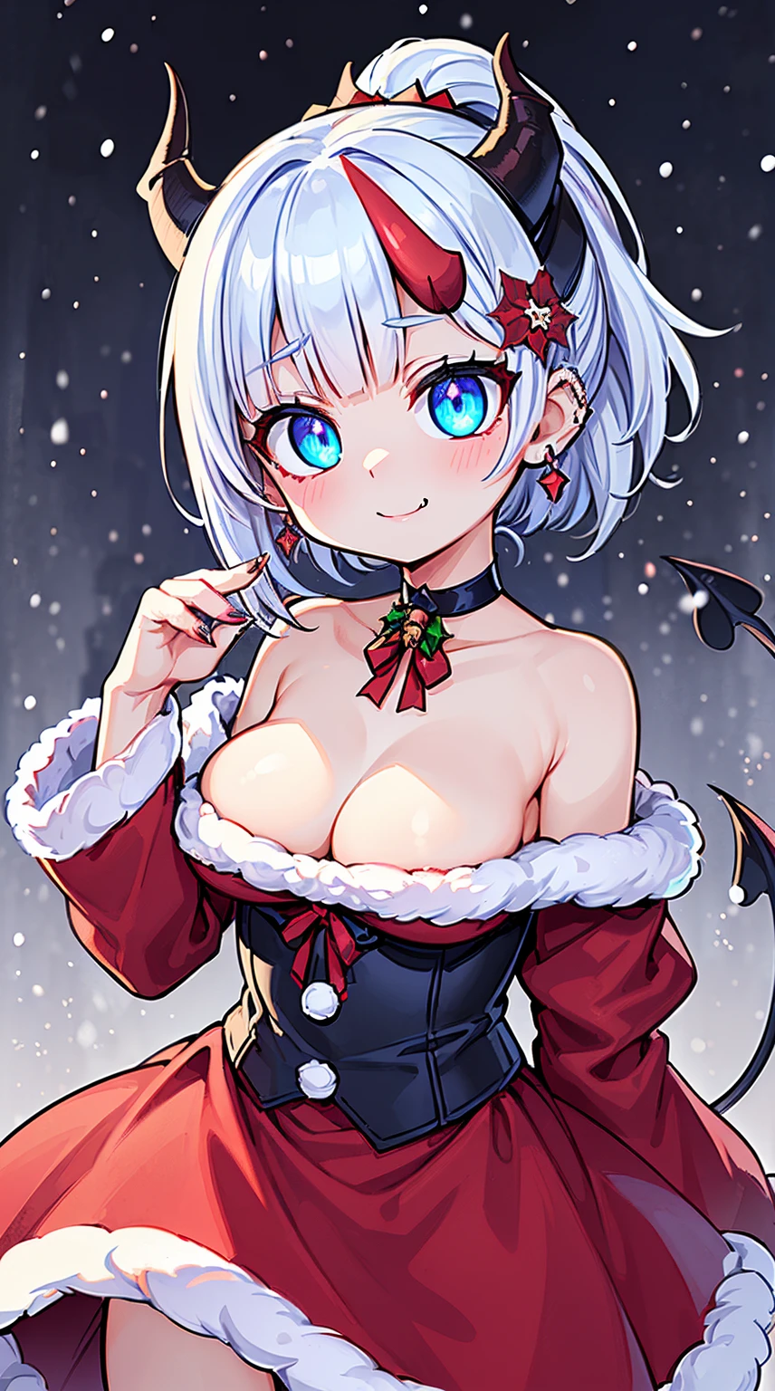 ((( (Winter background), (Snowing), (Christmas theme), (Slutty Santa outfit), ))) BLACKLIGHT, ((NSFW)), ((Medium Boobs)), realistic art, extremely delicate and beautiful, ultra-detailed, (1girl), ((Blue eyes)), floating, detailed light, illustration, dynamic angle, depth of field, ((((milf)))), girly, ((Blue and White hair, multicoloured hair, Blue highlights hair, (Ponytail), hair ornament, hair flower, flower, makeup, braid, smile)), demon eyes, fangs, pale white skin, (((best quality, tall girl, (skindentation), (blur background:0.6), (casual yet stylish, ((Demon Horns)), ), gorgeous, (short hair:1.5), soft lighting, wind, (front light:1.5), surprised, choker, smile, jewelry, earrings))), (ultra high res, best quality,), (8k, raw photo, best quality, masterpiece), technological sense, best quality, masterpiece, illustration,CG ,unity ,wallpaper, official art, Amazing, finely detail, an extremely delicate and beautiful,extremely detailed, highly detailed, sharp focus,rich background, (real person,photograph), ((high detailed skin)), ((( , (crazy eyes:1.3), (wide-eyed:1.2), (glowing eyes), (Demon) ))), (((a close up of a person with a weird face and nails, gothic maiden anime girl, gothic - cyberpunk, cyberpunk horror style, gothic art style, detailed digital anime art, gothic art, demon anime girl, gothic girl face, anime style 4 k, dark art style, anime cyberpunk art, gothic aesthetic, 18 - year - old anime goth girl, gothic horror vibes)))