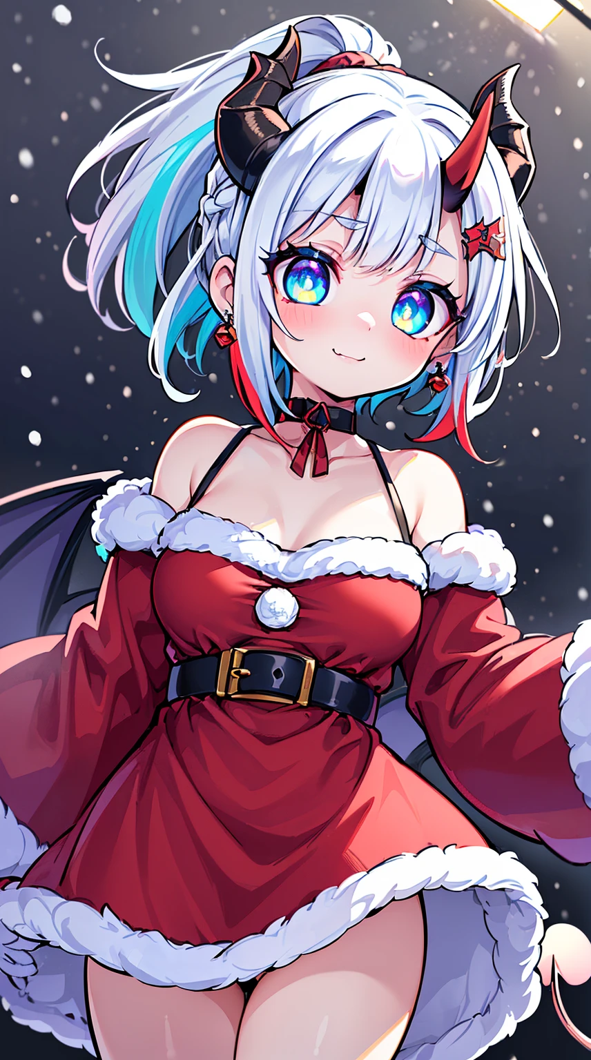 ((( (Winter background), (Snowing), (Christmas theme), (Slutty Santa outfit), ))) BLACKLIGHT, ((NSFW)), ((Medium Boobs)), realistic art, extremely delicate and beautiful, ultra-detailed, (1girl), ((Blue eyes)), floating, detailed light, illustration, dynamic angle, depth of field, ((((milf)))), girly, ((Blue and White hair, multicoloured hair, Blue highlights hair, (Ponytail), hair ornament, hair flower, flower, makeup, braid, smile)), demon eyes, fangs, pale white skin, (((best quality, tall girl, (skindentation), (blur background:0.6), (casual yet stylish, ((Demon Horns)), ), gorgeous, (short hair:1.5), soft lighting, wind, (front light:1.5), surprised, choker, smile, jewelry, earrings))), (ultra high res, best quality,), (8k, raw photo, best quality, masterpiece), technological sense, best quality, masterpiece, illustration,CG ,unity ,wallpaper, official art, Amazing, finely detail, an extremely delicate and beautiful,extremely detailed, highly detailed, sharp focus,rich background, (real person,photograph), ((high detailed skin)), ((( , (crazy eyes:1.3), (wide-eyed:1.2), (glowing eyes), (Demon) ))), (((a close up of a person with a weird face and nails, gothic maiden anime girl, gothic - cyberpunk, cyberpunk horror style, gothic art style, detailed digital anime art, gothic art, demon anime girl, gothic girl face, anime style 4 k, dark art style, anime cyberpunk art, gothic aesthetic, 18 - year - old anime goth girl, gothic horror vibes)))