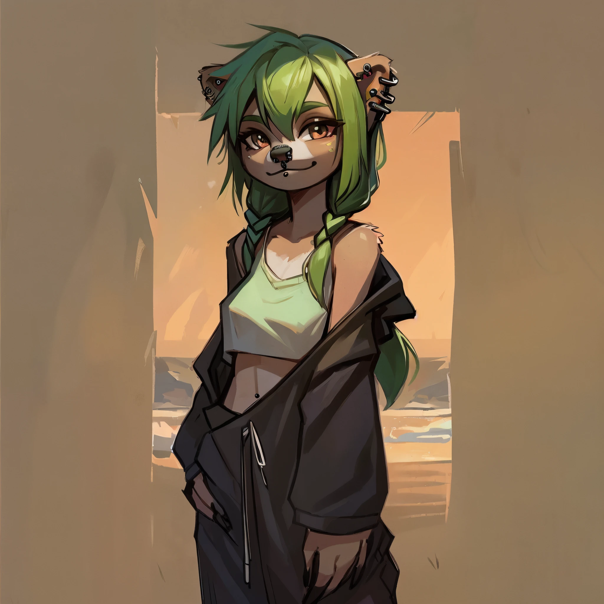 solo, female, sloth, piercings, facial piercings, green hair, thin, baggy clothing, long French braids