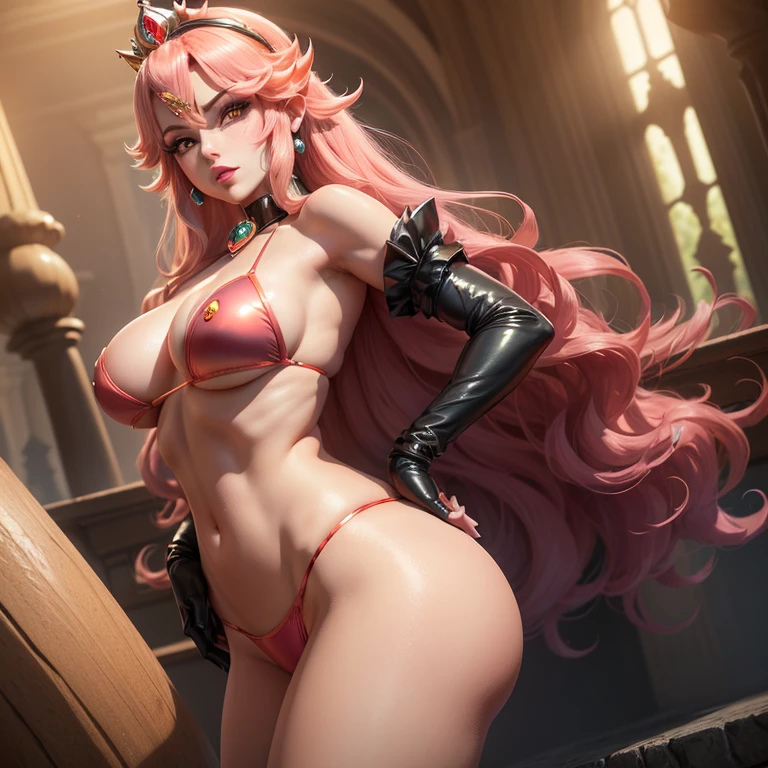 ((Peach princess from the Super Mario Bros series))(Ela tem grandes olhos azuis brilhantes)(glossy and red lips) (((longos cabelos lisos loiros)))(Dark shadows compose)((Seios muito enormes)) (Corpo fino perfeito) ((wear mini bikini and gloves)), (coroa) ((Posing sexy and ass in peach princess castle)) (master part, High definition, Volumetric lights and dynamic shadows)((master part))(8k)(rosto perfeito)(ultra detalhes) (perfect hands, olho, e rosto) (Poder STSR) (cogumelo liga)