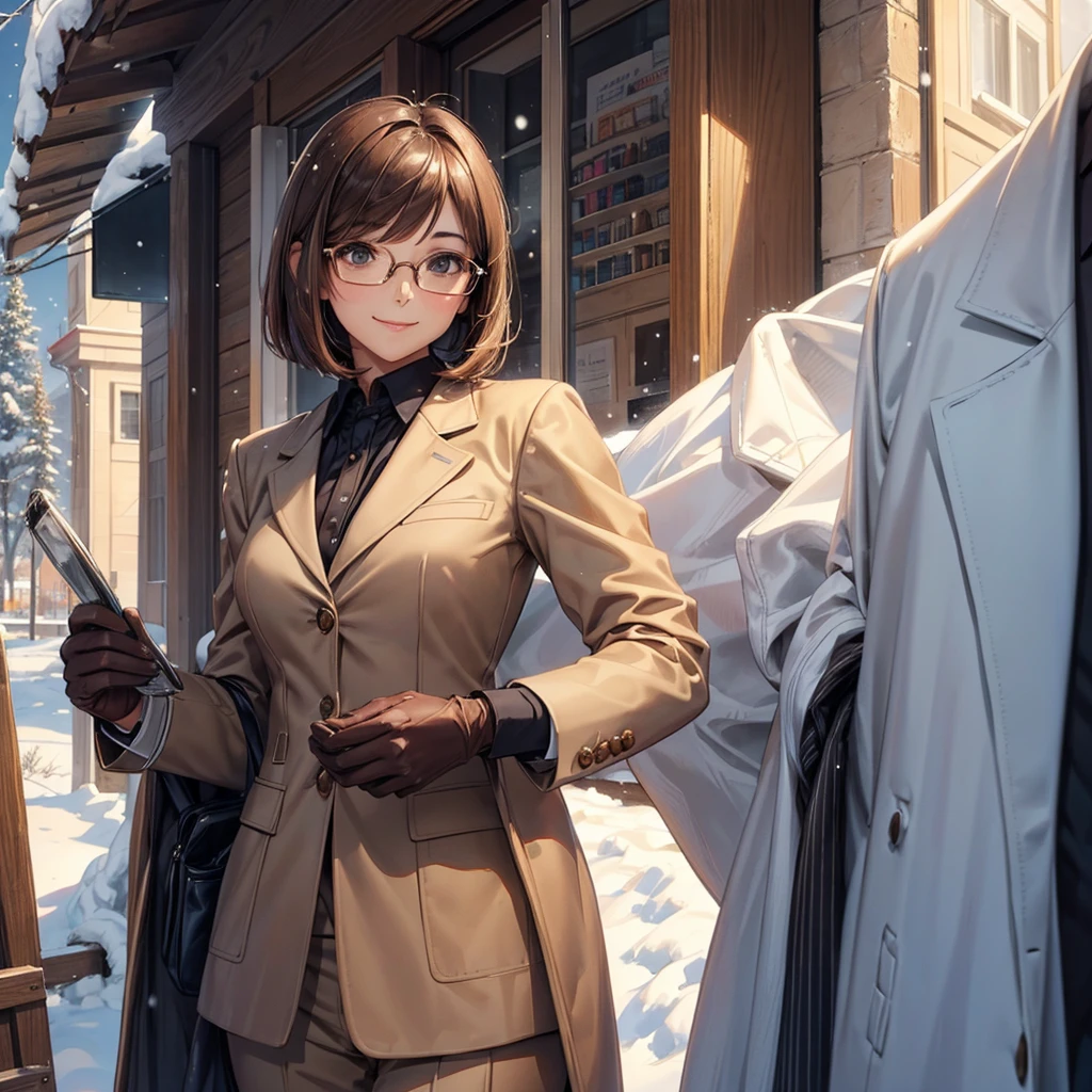 season winter, it's snowing:1.3, (1 brown bob hair woman, glasses, soft eyes:1.3, sexy smile, in a brown formal suit), masterpiece, beautiful detailed grow.