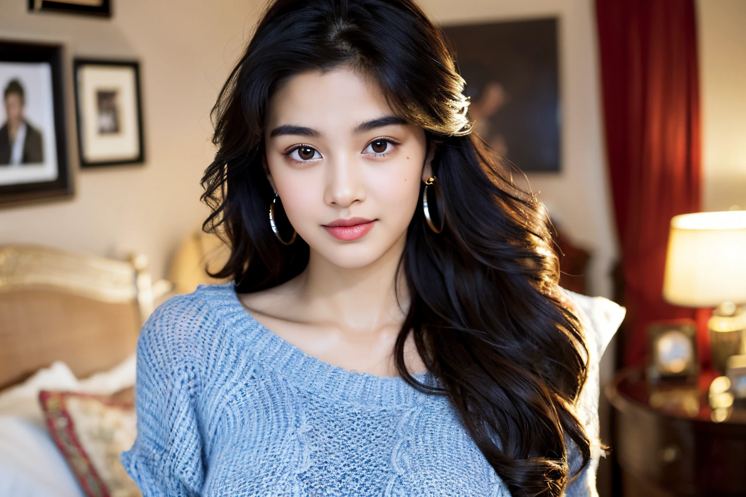 ((best quality)), ((masterpiece)), (detailed), perfect face, teenager 19 year old girl ,surreal, indian girl, (high resolution), (8K), ((extremely detailed)), (best illustration),beautiful detailed round eyes , (best quality), (super detailed), (masterpiece), (detailed face), with small smile , best quality, big breasts ,wearing beautiful blue traditional , winter clothes round sweater short jeans , with beautiful earing , Seductive body ,long black curly hair ,Super chic face detail, Super detailed lips)), ((Detailed eyes, standing, showing full body head to toe , in her room ,