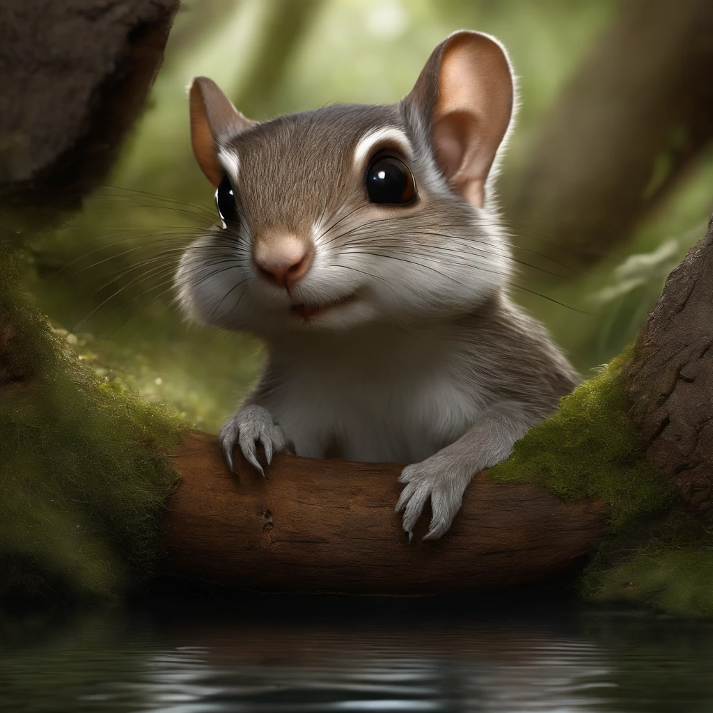 gremlin, squirrel-like, bright silver and brown, long tail, large ears, covered with silver fur, holding an acorn in his paws, water, Burrow, tree roots stick out from the walls in the hole, mushrooms sticking out of the ground, Best Quality, Masterpiece, in style of dark fantasy art,