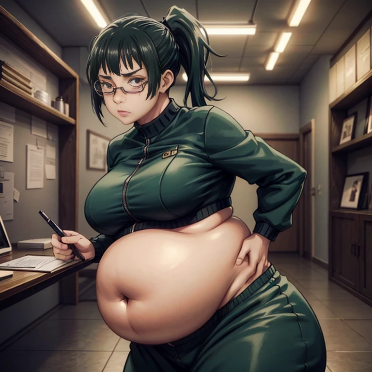 art by kipteitei, 1girl, dark green hair , hair in pony tail, maki zenin from the anime jujutsu kaisen, big plump belly, huge belly, pretty face, nose, lips, beautiful eyes, circle glasses, (best quality, masterpiece, 4k, sharp focus), professional photograph, sharp focus, dramatic, award winning, cinematic lighting, octane render, unreal engine, volumetrics dtx,