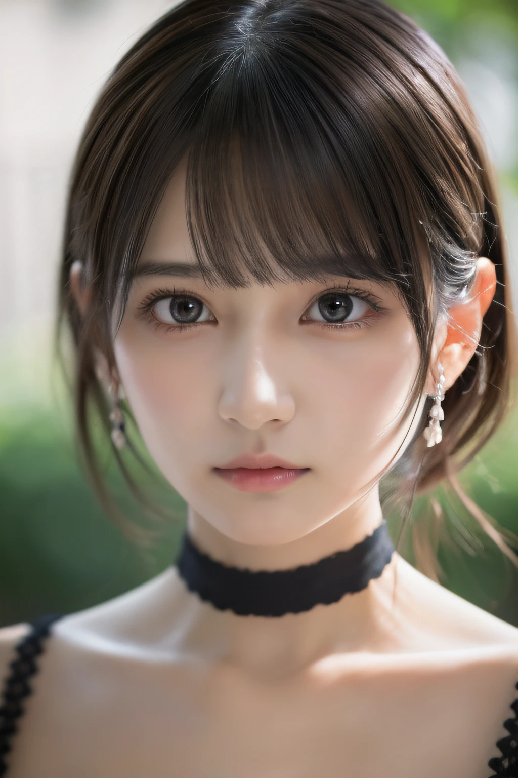 (close up:1.2), (masutepiece, Best Quality, 8K, Official art, Raw photo, Looking at Viewer:1.3), absurderes, violaceaess, gardeniass, Strapless Dresses & a choker, Beautiful Girl, Pretty Face, earrings, Black hair, Film grain, chromatic abberation, Sharp Focus, face lights, Dynamic lighting, Cinematic lighting, A hyper-realistic, hight resolution, extremely detailed eye and face, Sharp pupils, Realistic pupils, (Simple background, NOWAI:1.2),