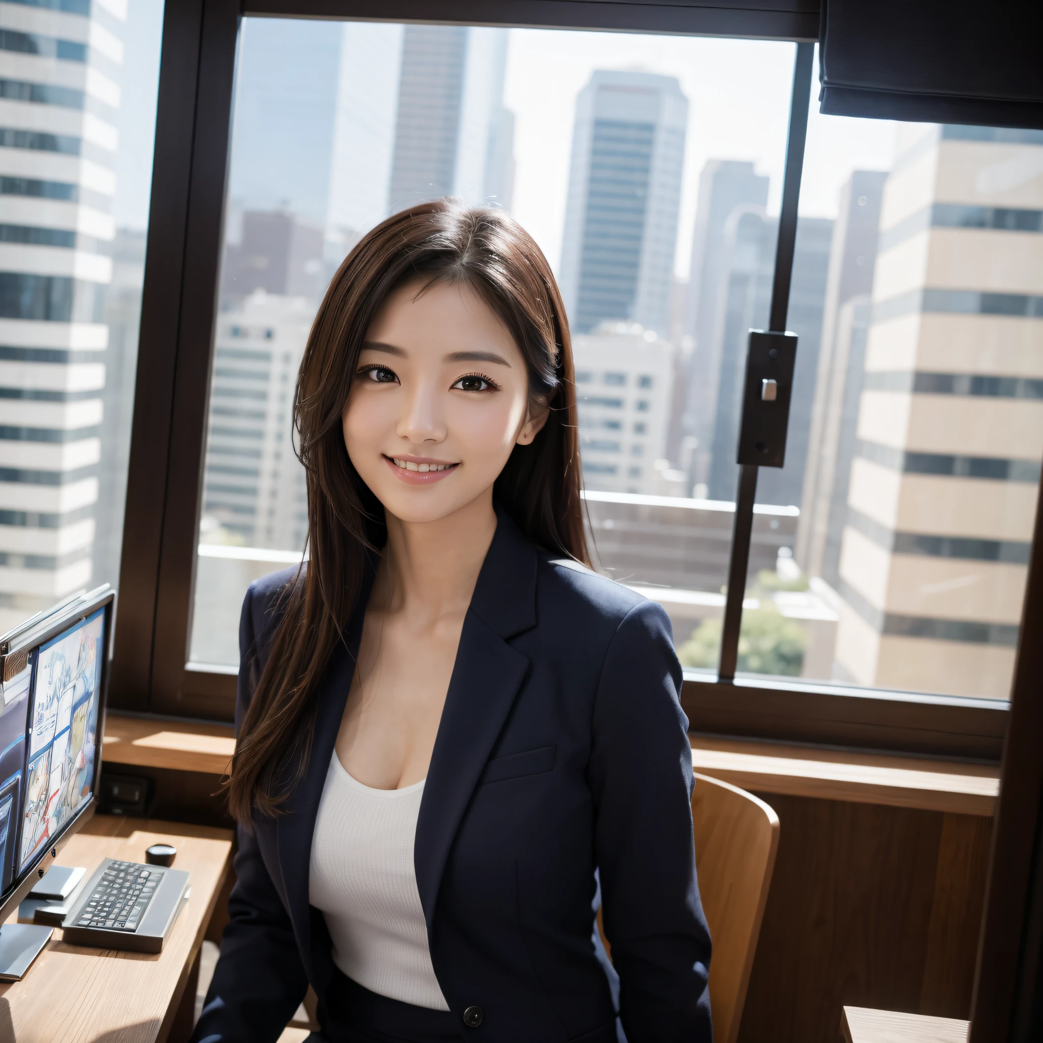 One super beautiful woman、((best qualtiy、8k masterpieces:1.3))、foco nítido:1.2、(ultra beautiful faces:1.0)、(shinny skin:1.0)、photos realistic、A dark-haired、Video Lighting、High-definition eyes and face、Japan Idol Actress、from the front side、medium breasts、Smile、Slender Abs Beauty、Whole body、wears a suit、wearing a shirts、In the office