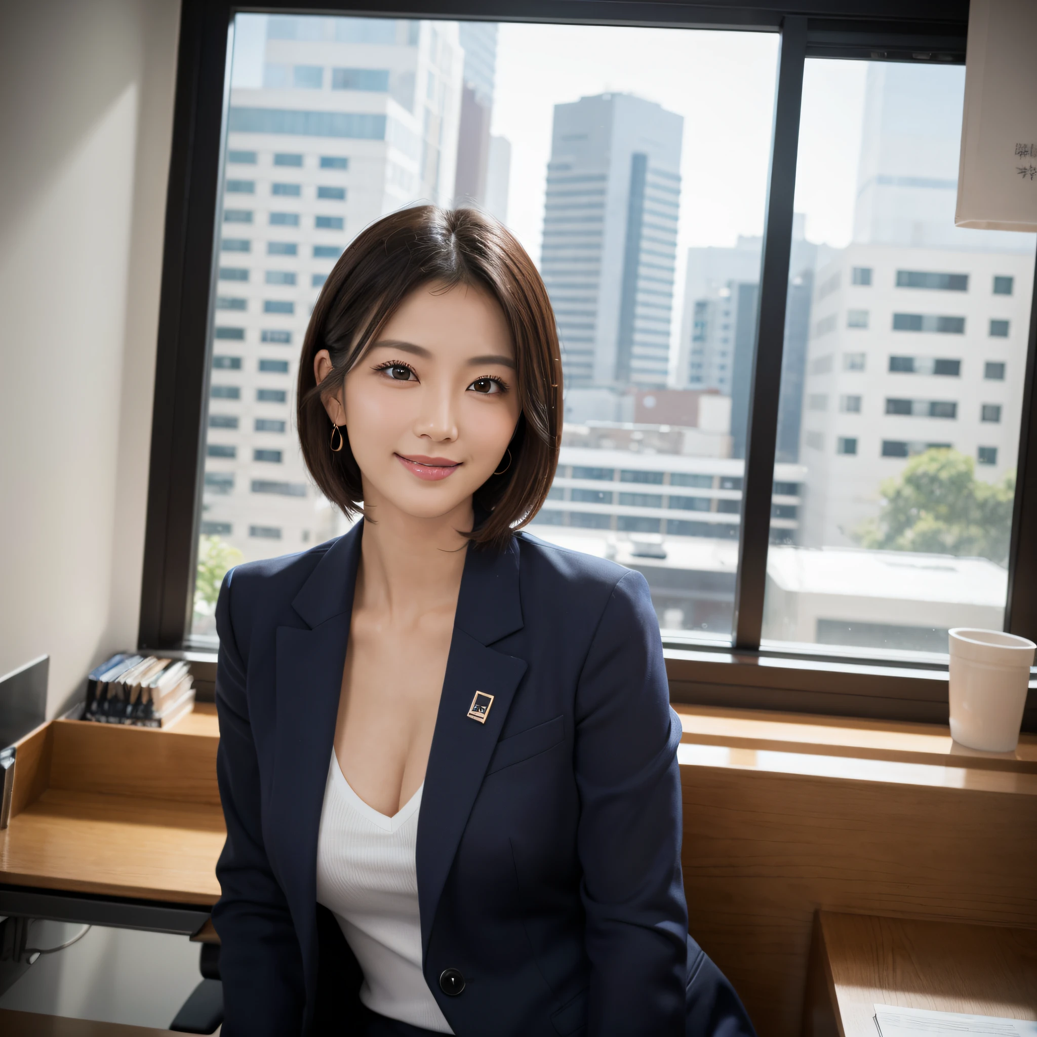 One super beautiful woman、((best qualtiy、8k masterpieces:1.3))、foco nítido:1.2、(ultra beautiful faces:1.0)、(shinny skin:1.0)、photos realistic、A dark-haired、Video Lighting、High-definition eyes and face、Japan Idol Actress、from the front side、medium breasts、Smile、Slender Abs Beauty、Whole body、wears a suit、wearing a shirts、In the office