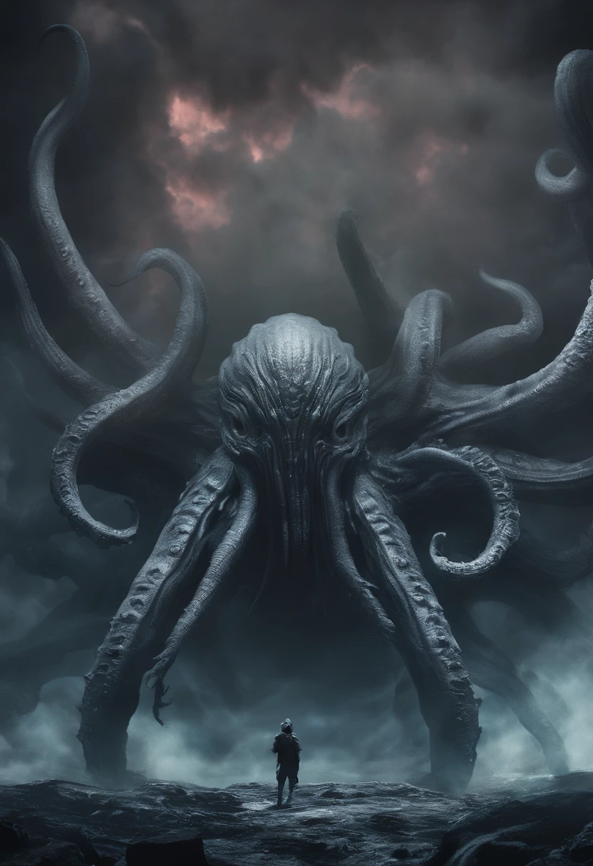 Giant octopus monster,Cthulhu in the Cthulhu Mythos,glowing light eyes,extremly high detail,High chiaroscuro,4K,unreal 5 render,Best quality at best,tmasterpiece,Rendered by Octane,Looking directly at,extremely dangerous,The huge body is shocking,A huge body hidden in the abyss,Only part of the body is exposed,Hazy smoke,Unable to see the whole body clearly,The horror of despair,The atmosphere is oppressive,The scene is very spectacular,Hero holding sword,Fight back bravely,real face