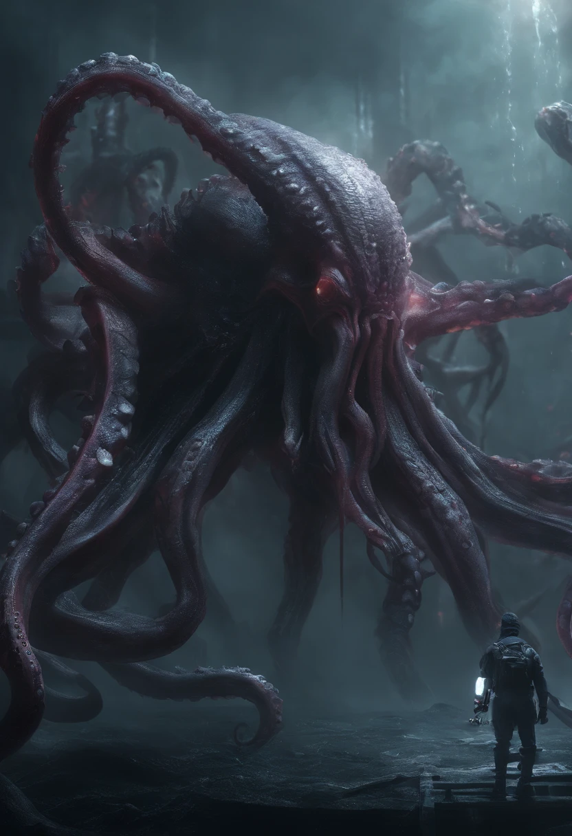 Giant octopus monster,Cthulhu in the Cthulhu Mythos,glowing light eyes,extremly high detail,High chiaroscuro,4K,unreal 5 render,Best quality at best,tmasterpiece,Rendered by Octane,Looking directly at,extremely dangerous,The huge body is shocking,A huge body hidden in the abyss,Only part of the body is exposed,Hazy smoke,Unable to see the whole body clearly,The horror of despair,The atmosphere is oppressive,The scene is very spectacular,Hero holding sword,Fight back bravely,real face
