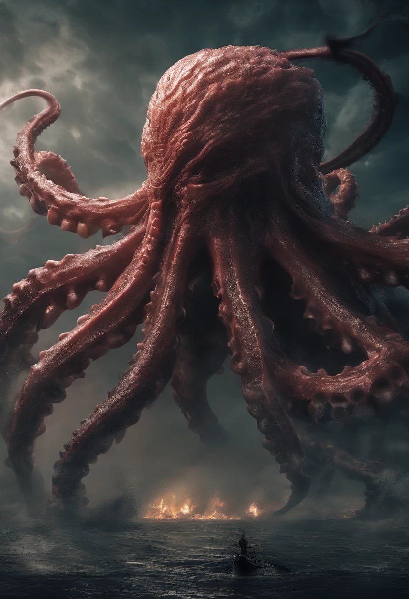 Giant octopus monster,Cthulhu in the Cthulhu Mythos,glowing light eyes,extremly high detail,High chiaroscuro,4K,unreal 5 render,Best quality at best,tmasterpiece,Rendered by Octane,Looking directly at,extremely dangerous,The huge body is shocking,A huge body hidden in the abyss,Only part of the body is exposed,Hazy smoke,Unable to see the whole body clearly,The horror of despair,The atmosphere is oppressive,The scene is very spectacular,Hero holding sword,Fight back bravely,real face