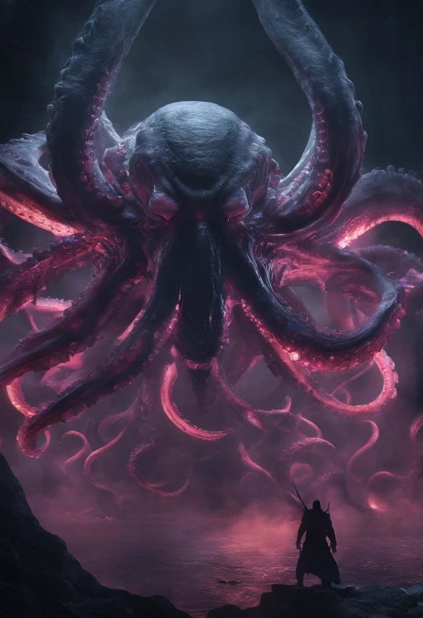 Giant octopus monster，Cthulhu in the Cthulhu Mythos，glowing light eyes，extremly high detail，High chiaroscuro，4K，unreal 5 render，Best quality at best，tmasterpiece，Rendered by Octane，Looking directly at，extremely dangerous，The huge body is shocking，A huge body hidden in the abyss，Only part of the body is exposed，Hazy smoke，Unable to see the whole body clearly，The horror of despair，The atmosphere is oppressive，The scene is very spectacular，Hero holding sword，Fight back bravely,real  face