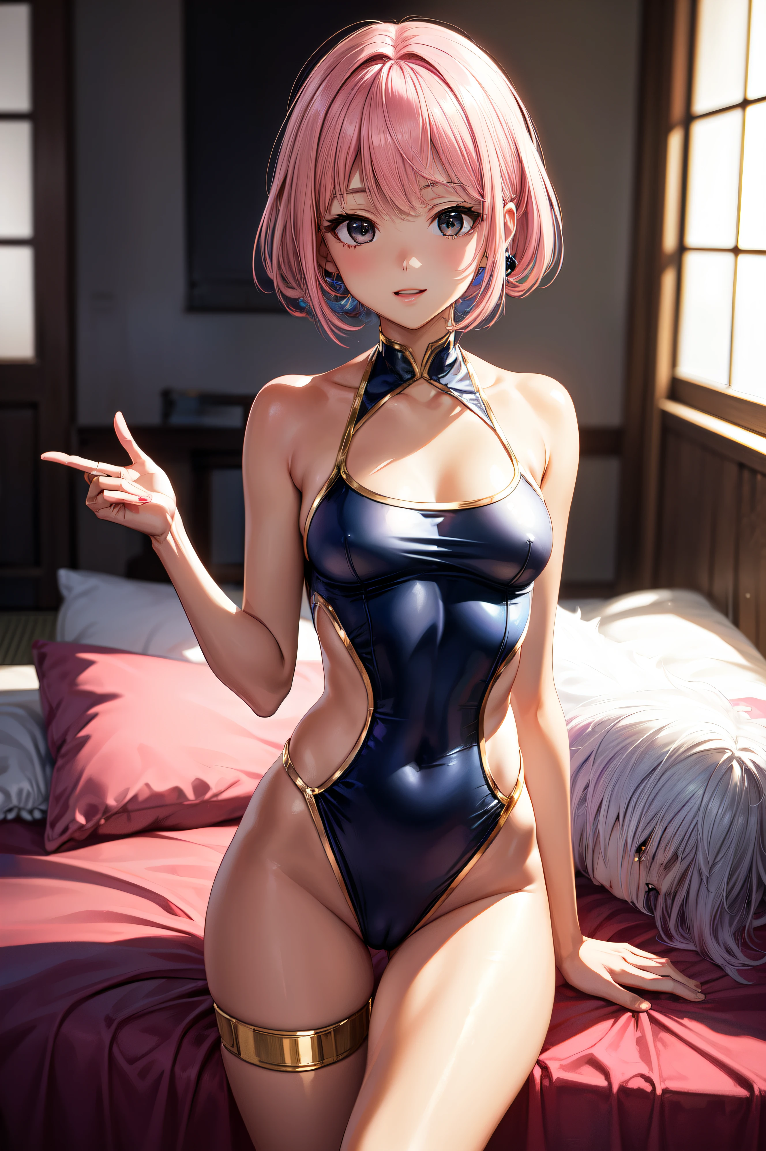 ((Anatomically correct hand:1.5)), Anime, Sexy, ((The costume is made of metal:1.5)), ((In Kyoto Animation Style:1.5)), super precision, masterpiece, very extremely beautiful, Princess Face, ((1人の女性)), ((Solo:1.5)), ((Pink hair:1.5)), ((BobKat 1.5)), BREAK, ((Black eyes)), short-cut, ((Straight hair)), BREAK, Full limbs,complete fingers, knee high, ((gold old school swimsuit)), (NSFW:1.0), BREAK, ((Skindentation)), Professional Lighting, (25-years old), Narrow waist, Shiny skin ((Brown skin)), ((Oiled skin)), glistning skin, Looking at Viewer, Cowboy Shot, Dynamic Pose, is looking at the camera, inside in room, Sexy, A slight smil, Slightly open mouth, ((Cute)), sitting on, ((Hands behind your back)), Ultra-fine eyes, Ultra-fine face, ((thin lips:1.5)), Sexy, ((drooping eyes)), ((medium breasts:1.5)), A slight smil, Sexy, ((portlate:1.5)), faces, Sexy, Looking at the camera, Sexy, ((The costume is made of metal:1.5)), (crotch open),
