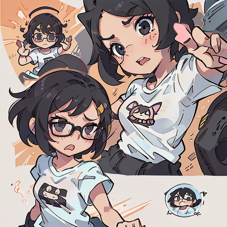 Black glasses, short hair, profile picture, funny, small breast, chibi, meme, dynamic pose, Jojo pose, girl, white shirt, T-shirt design, kobeni, chibi character