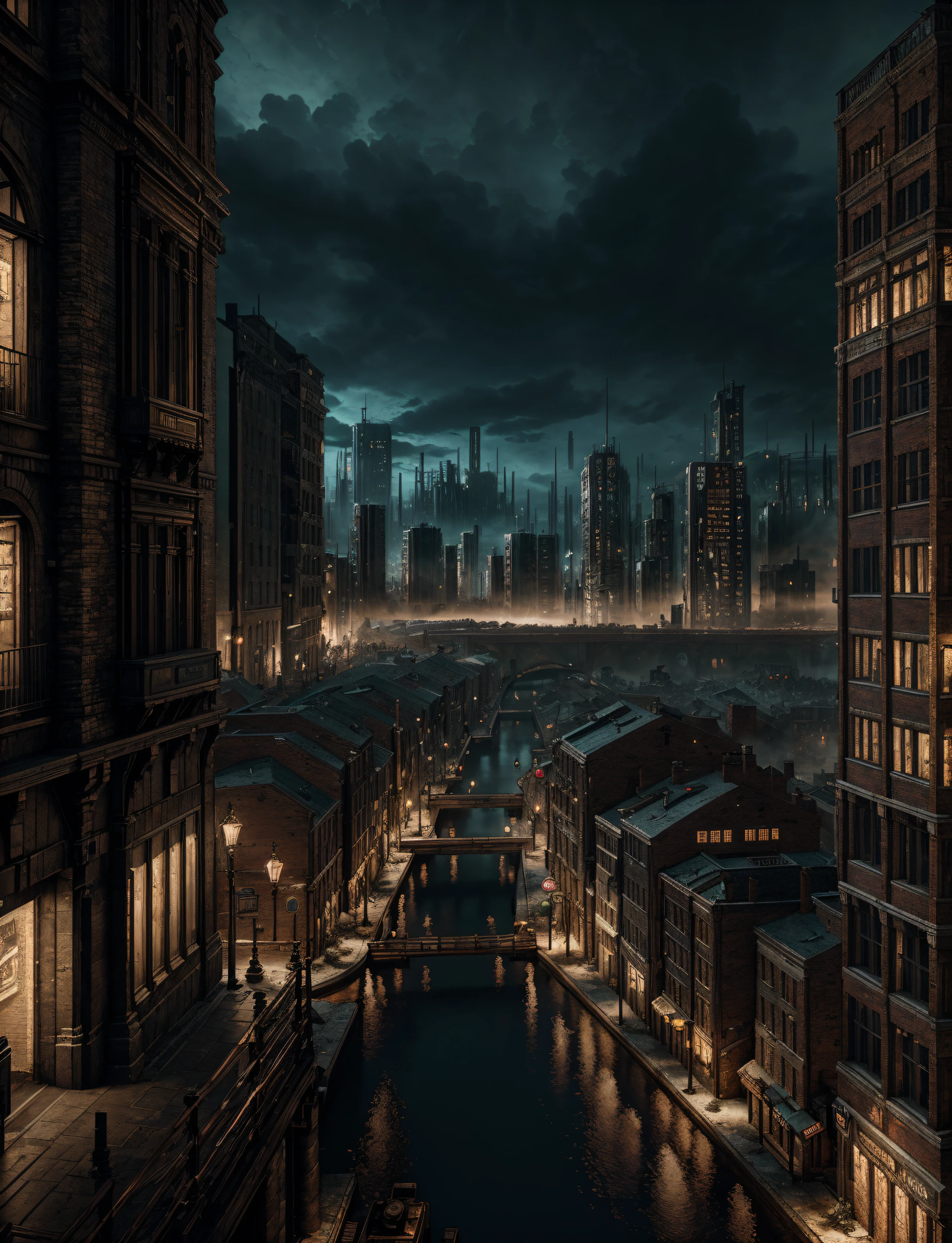 Hyper Detail, Professional art, unreal engine, professional art,8K, HD, Octane Rendering, a steampunk city landscape, aesthetic, dark, moody atmosphere