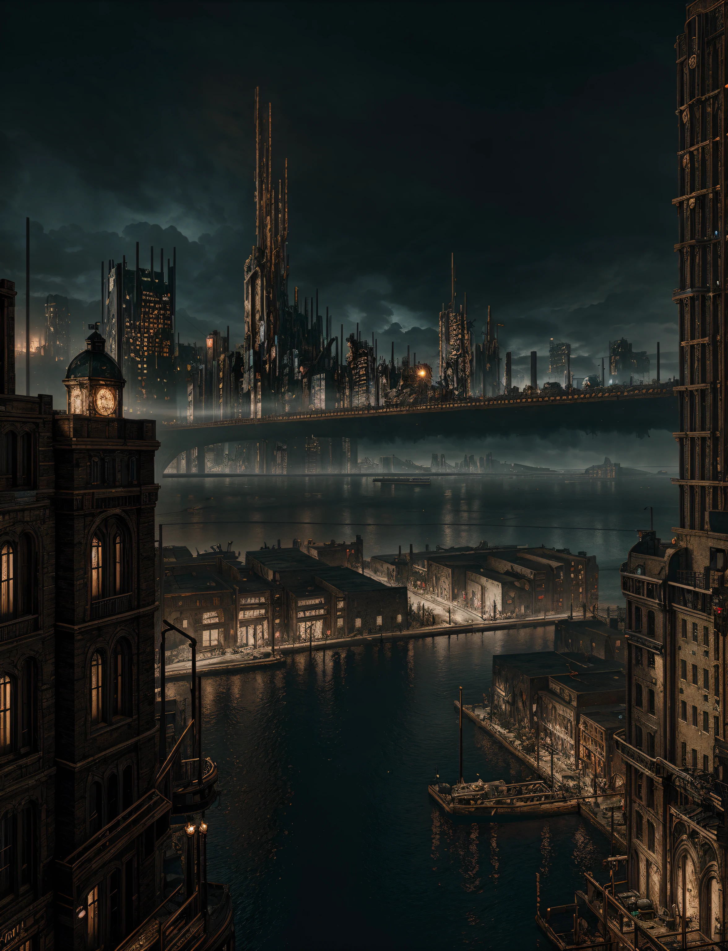 Hyper Detail, Professional art, unreal engine, professional art,8K, HD, Octane Rendering, a steampunk city landscape, aesthetic, dark, moody atmosphere