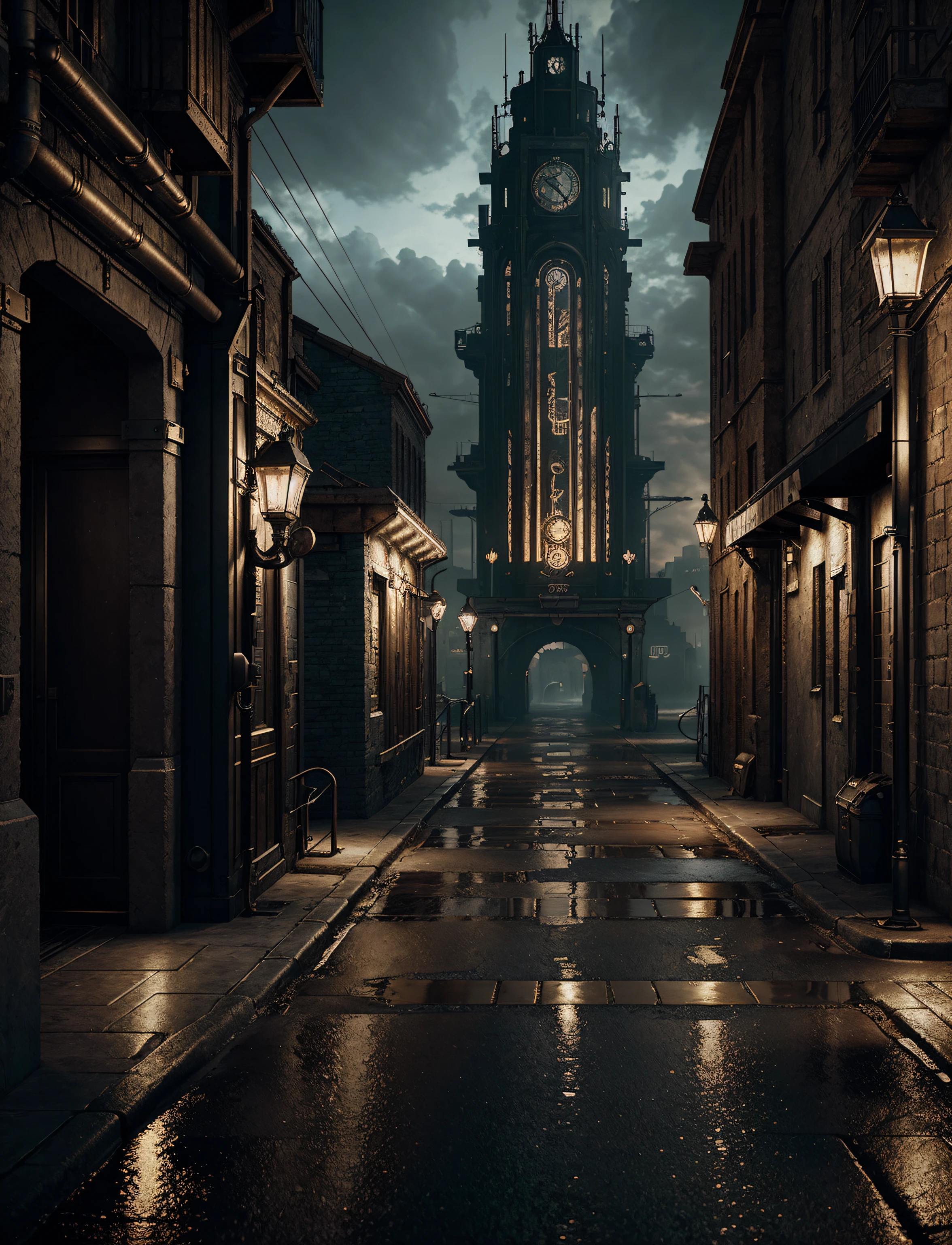 Hyper Detail, Professional art, unreal engine, professional art,8K, HD, Octane Rendering, a steampunk city landscape, aesthetic, dark, moody atmosphere