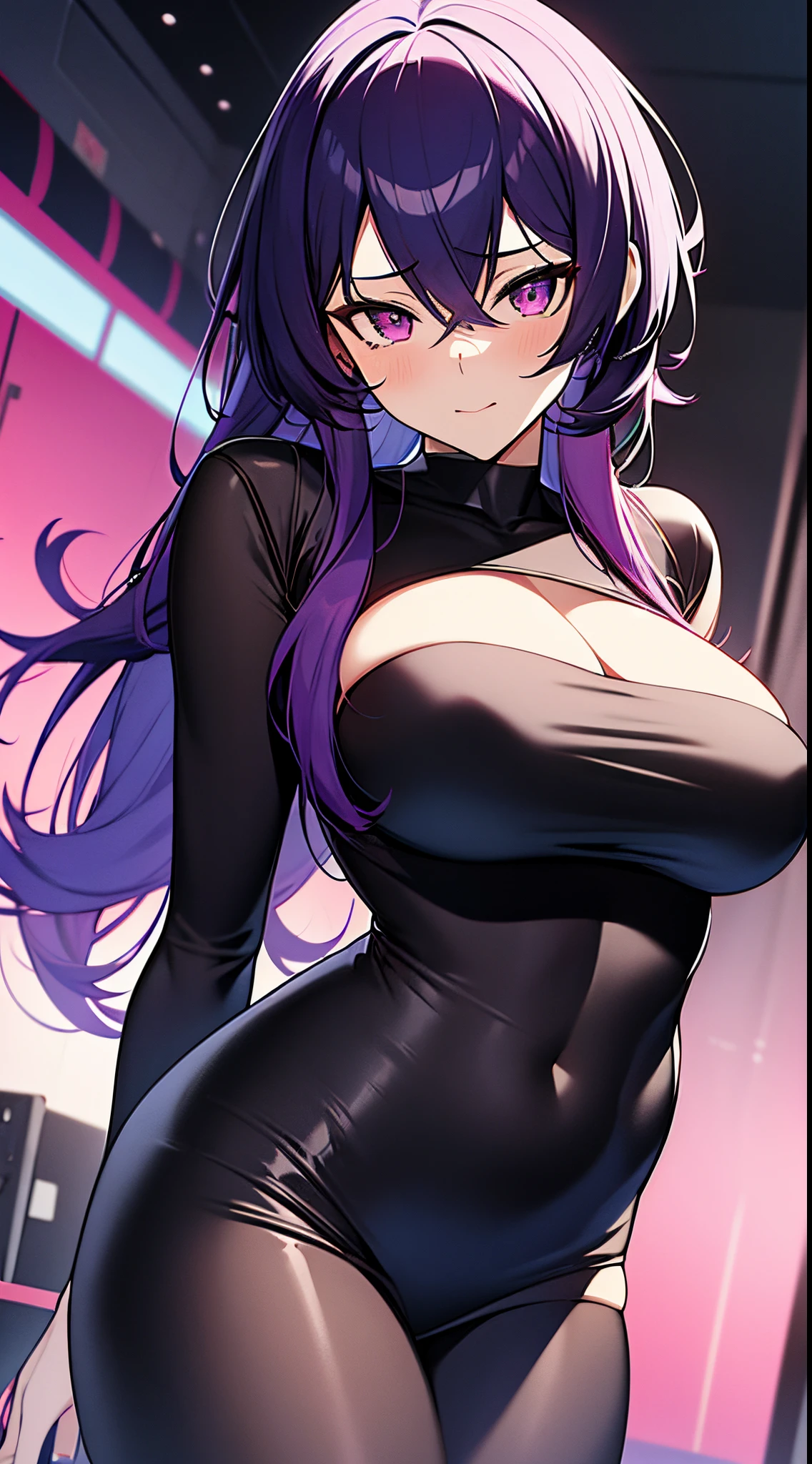 kusanagi motoko, Purple colored hair, red eyes,Anime style woman wearing black leggings， anime《Fantasma na Concha》Curly, kusanagi, Misato Katsuragi, Inspired by Morikage Hisumi, anime, Fantasma na Concha, Ghost in the Shell style,seductive anime girls, Anime cute art style, smooth anime cg art, thicc, Anime girl wearing black dress, photorealistic anime girl rendering, ECCHI anime style, realistic anime 3D style, attractive anime girls, noire moody scene, [ 4K digital art ]!!