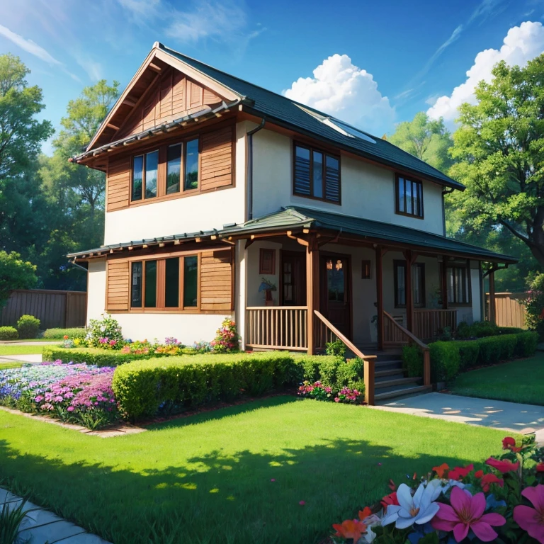 Flower home model in velly, green grass , trees,