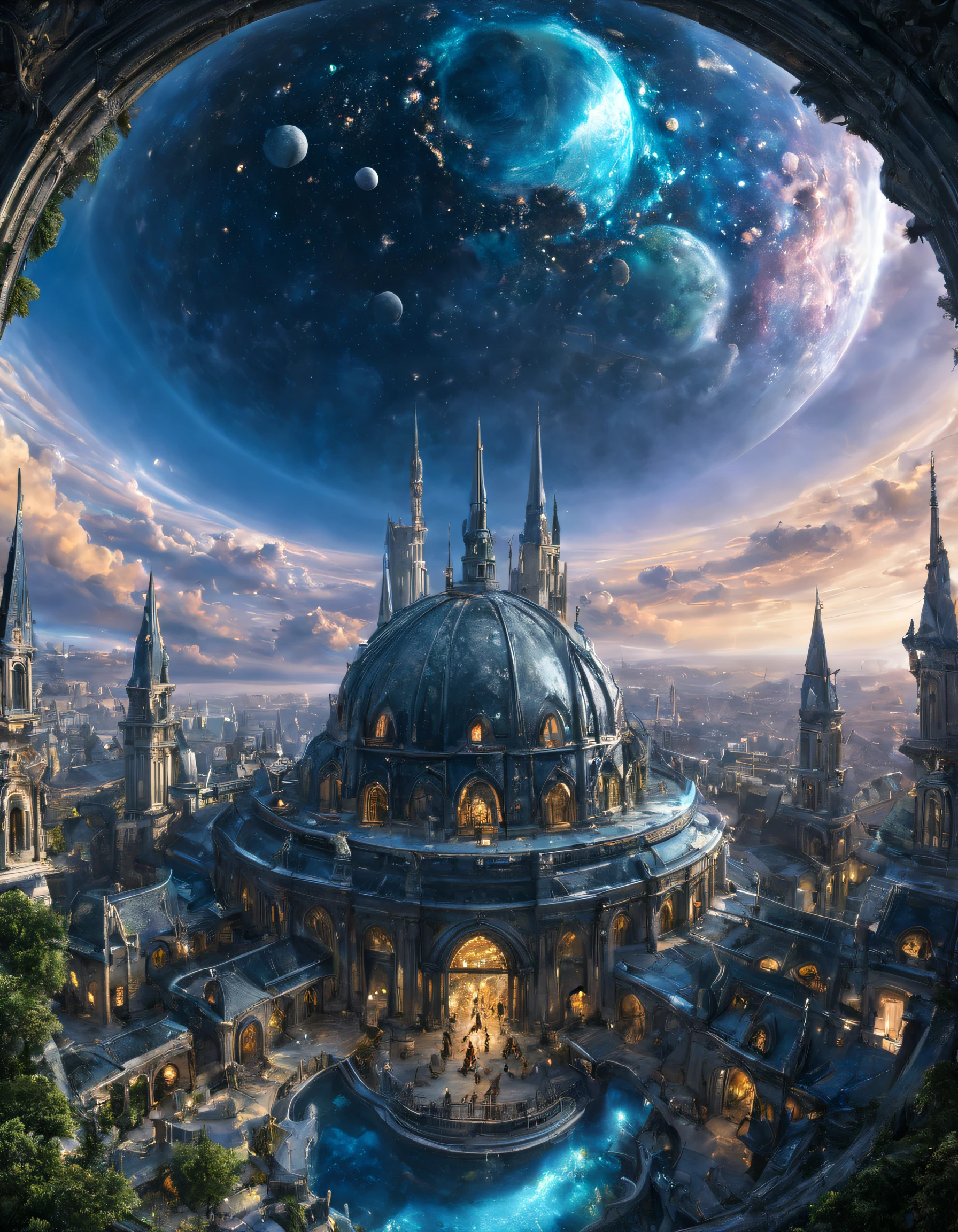 Utopian world: fantasy city inside a dome, 360 degree flip, Humans and fantasy creatures coexist harmoniously, Creatures are very detailed, nearing perfection, Myths exist, Breathtakingly beautiful, pure perfection, divine being, memorable, tmasterpiece, archetype, Dreamshaper, Contrast with dark colors