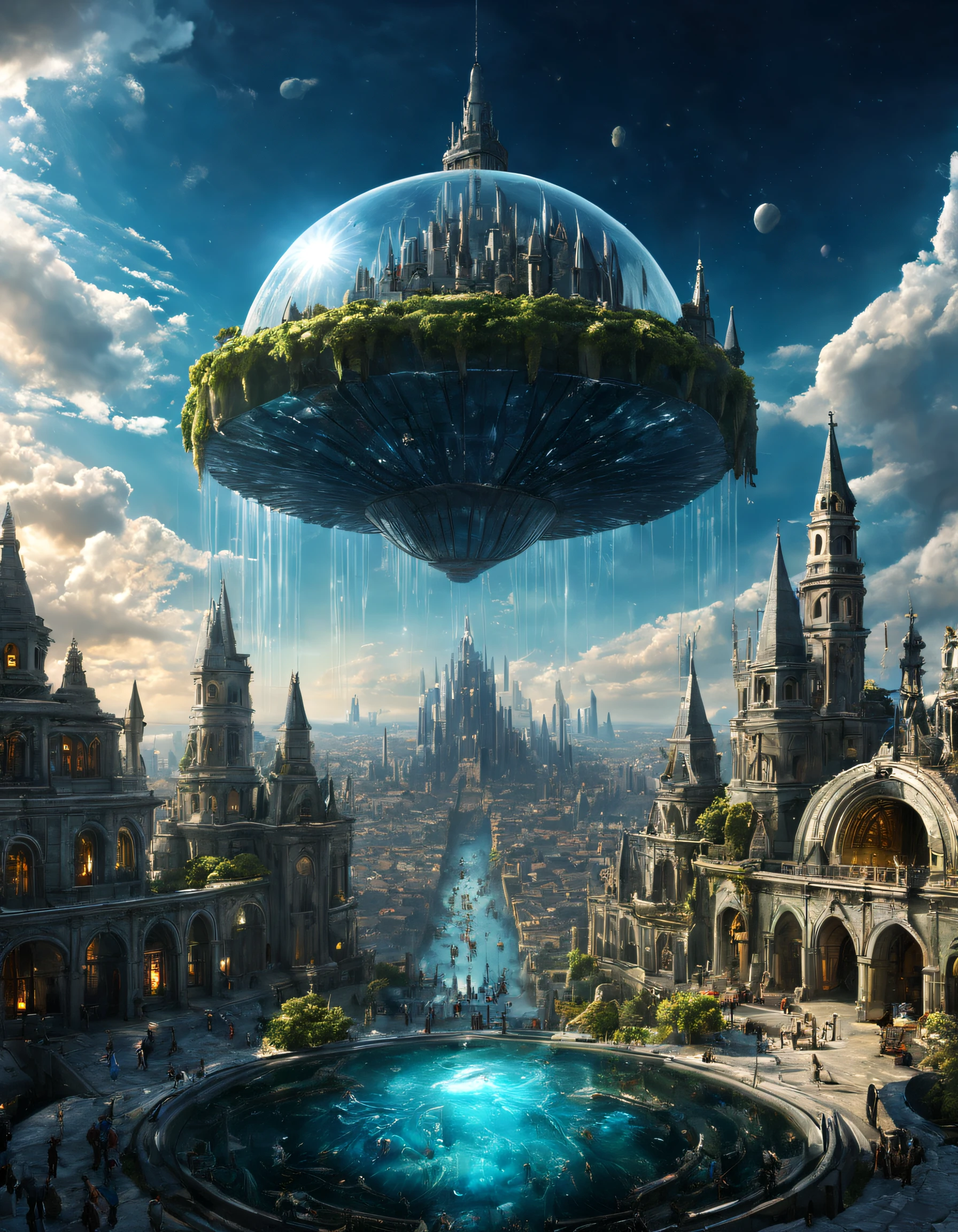 Utopian world: fantasy city inside a dome, 360 degree flip, Humans and fantasy creatures coexist harmoniously, Creatures are very detailed, nearing perfection, Myths exist, Breathtakingly beautiful, pure perfection, divine being, memorable, tmasterpiece, archetype, Dreamshaper, Contrast with dark colors