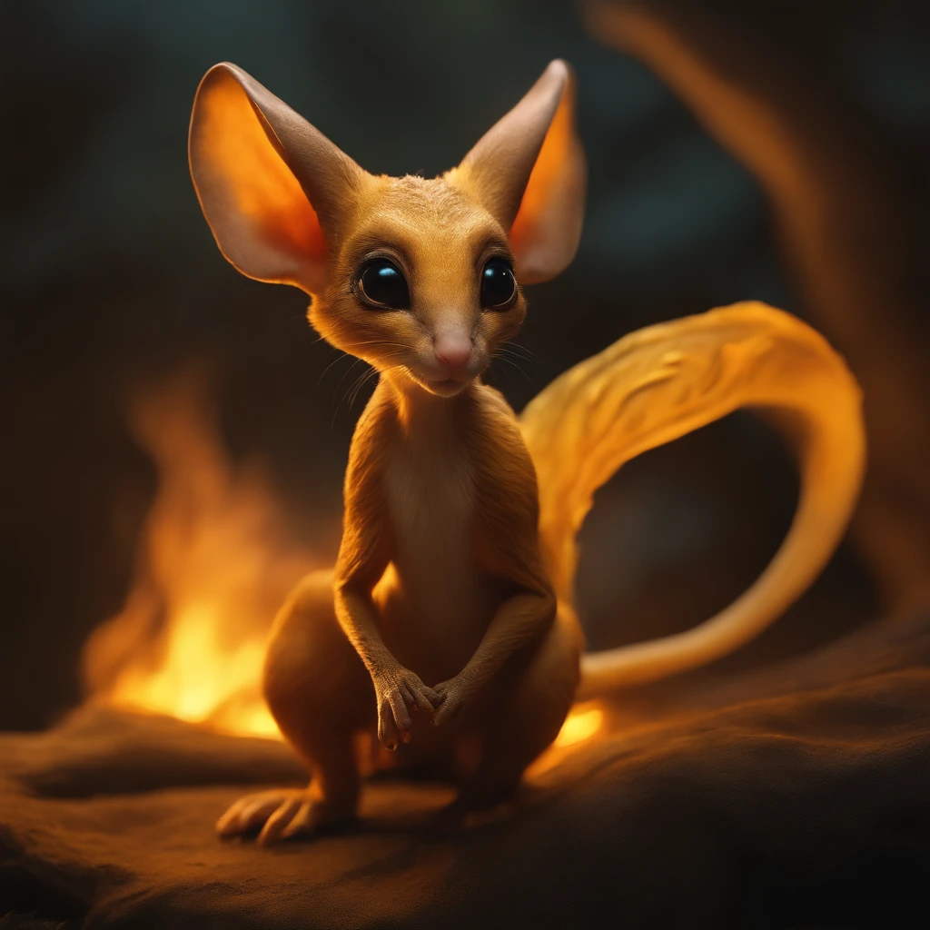 golin, jerboa-like, Huge eyes, large ears, trunk-shaped nose, bright orange and brown, long tail, engulfed in yellow flames, flame clothing, Best Quality, Masterpiece, in style of dark fantasy art, 真实感,