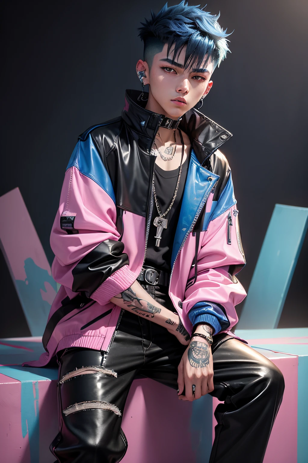 Kpop age boy with fade cut blue hair, cute face, irresistible,sit pose, poser, serious face, full half body show, tattoos, wears cool black mixed pink open jacket with long big sized shirt, long black pants with belt, paint background, popstar