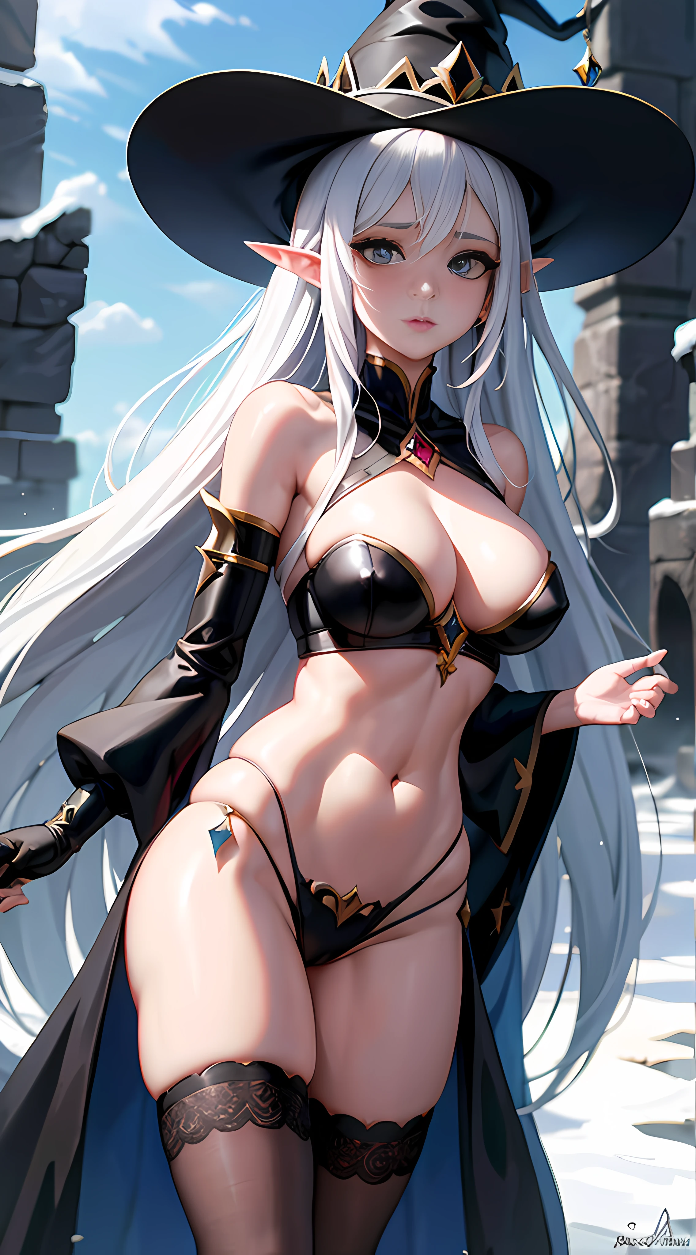 bruja con pelo blanco y sombrero negro posando en la nieve, Una hermosa hechicera, Princesa Elfa Oscura, Hermosa hechicera, Chica perfecta de pelo blanco, Hechicera bonita, seductora chica de anime, Arte detallado de alta calidad 8K, Elf girl, Beautiful succubus, coqueto anime bruja casting magia, Artgerm extremadamente detallado, Fantasy art style