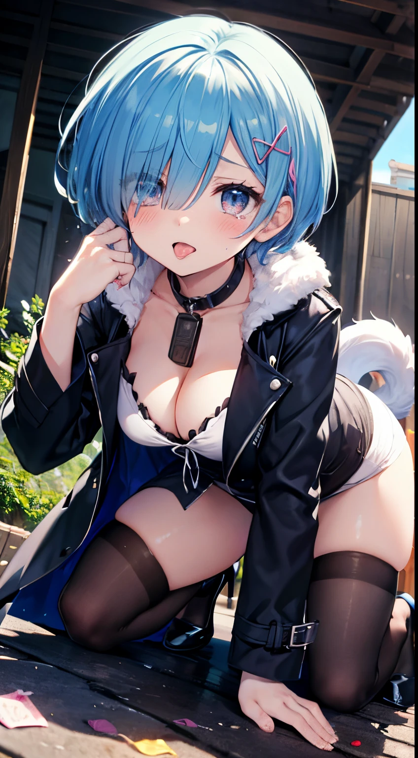 (2D), Top image quality、masutepiece、4K、8K、Rem of Rezero、short-hair、blue hairs、Bangs hide one eye、plein air, Crawling, female dog, Scared, CA, Tears, put the dog'hang a string around your neck, tongue, blush, A lot of is dirty, Black stockings, high-heels, , Messy, cleavage,Turs、, condoms, Tattered wiench coat, No Underwear, Sputtering, spill a lot of white liquid、all-fours、Posasize breasts