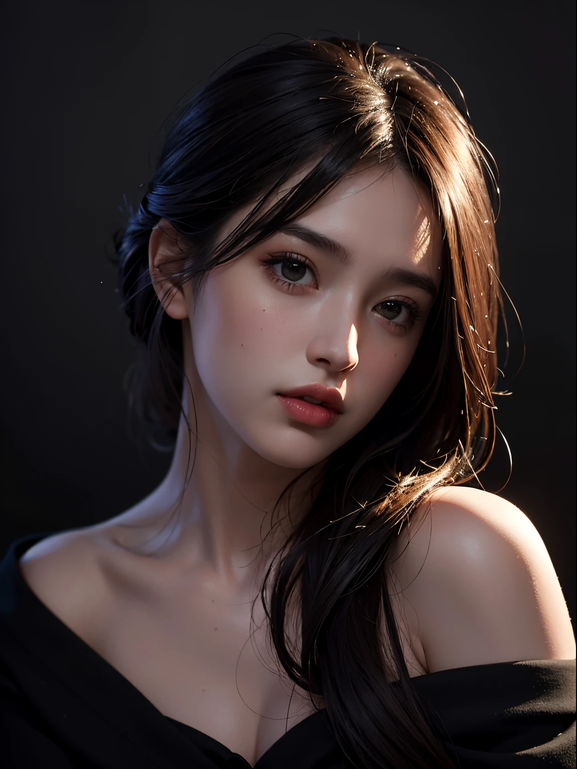 Best quality, masterpiece, ultra high res, (photorealistic:1.4), raw photo, 1girl, offshoulder, in the dark, deep shadow, low key, cold light