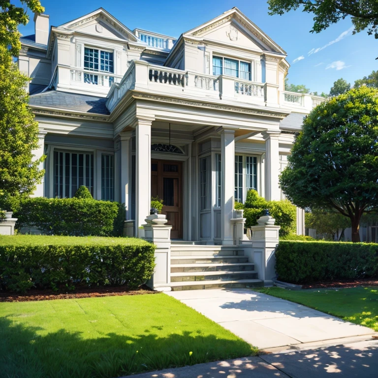 Flower home model in velly, green grass , trees, Modern classical architecture house, 2 floors , white marble, car , parked front, old vintage style