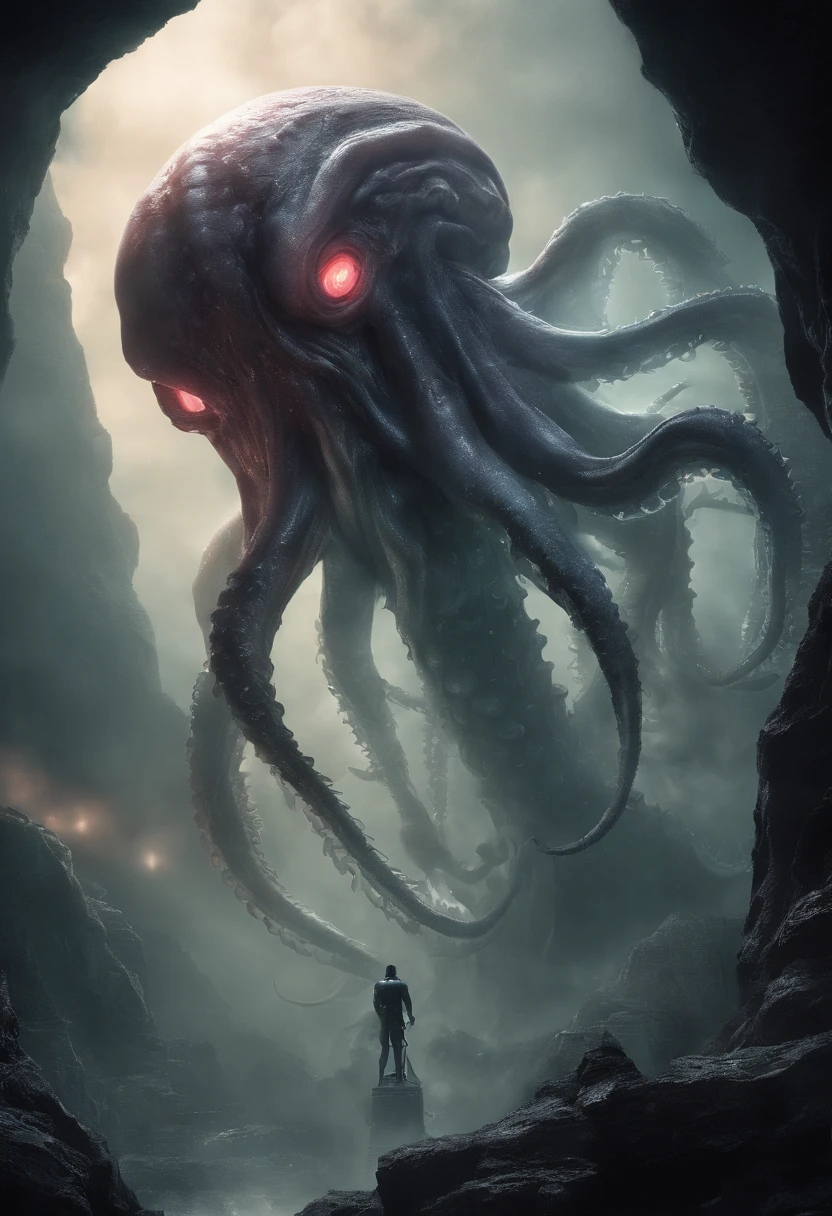 Giant octopus monster,Cthulhu in the Cthulhu Mythos,(glowing light eyes:1.5),extremly high detail,High chiaroscuro,4K,unreal 5 render,Best quality,tmasterpiece,Rendered by Octane,Looking directly at,extremely dangerous,The huge body is shocking,The huge body is hidden in the abyss,Only part of body exposed,Hazy smoke,Unable to see the whole body clearly,The horror of despair,The atmosphere is oppressive,The spectacle is spectacular,Hero holding sword,Fight back bravely,real face