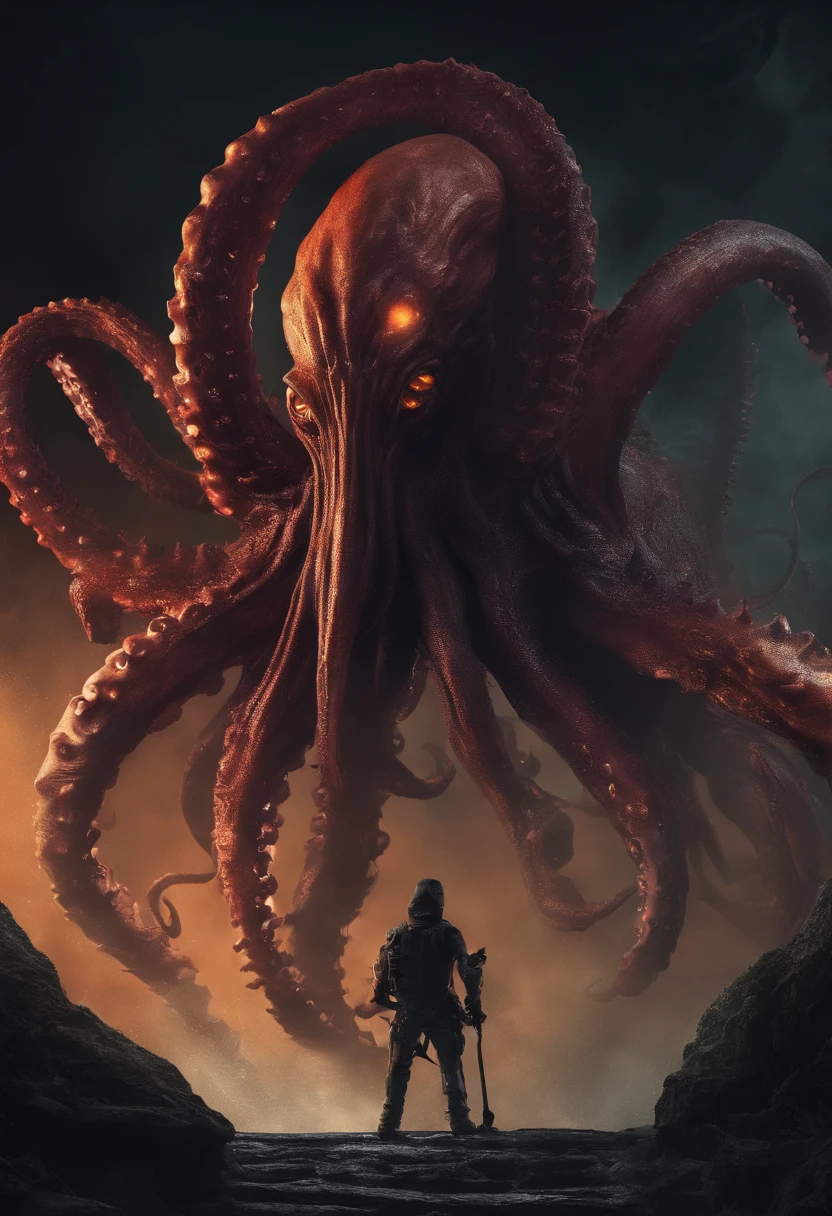 Giant octopus monster,Cthulhu in the Cthulhu Mythos,(glowing light eyes:1.5),extremly high detail,High chiaroscuro,4K,unreal 5 render,Best quality,tmasterpiece,Rendered by Octane,Looking directly at,extremely dangerous,The huge body is shocking,The huge body is hidden in the abyss,Only part of body exposed,Hazy smoke,Unable to see the whole body clearly,The horror of despair,The atmosphere is oppressive,The spectacle is spectacular,Hero holding sword,Fight back bravely,real face