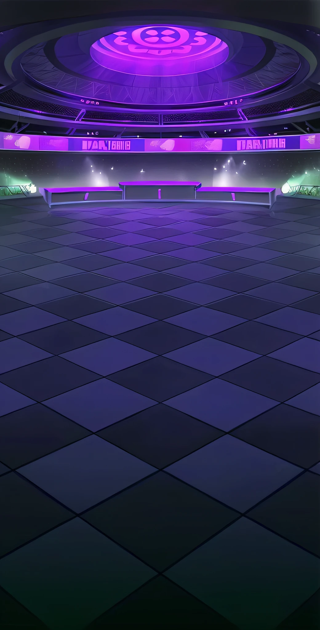 Arav watches the stadium with checkered floor and purple lights, arena background, dance hall background, dance hall background, volley court background, Background with(Hard), odin's stone arena background, Stage background, backroom background, [[empty warehouse]] Background with, Empty stage, Dance Floor, empty background, background hyper detailed, highschool background