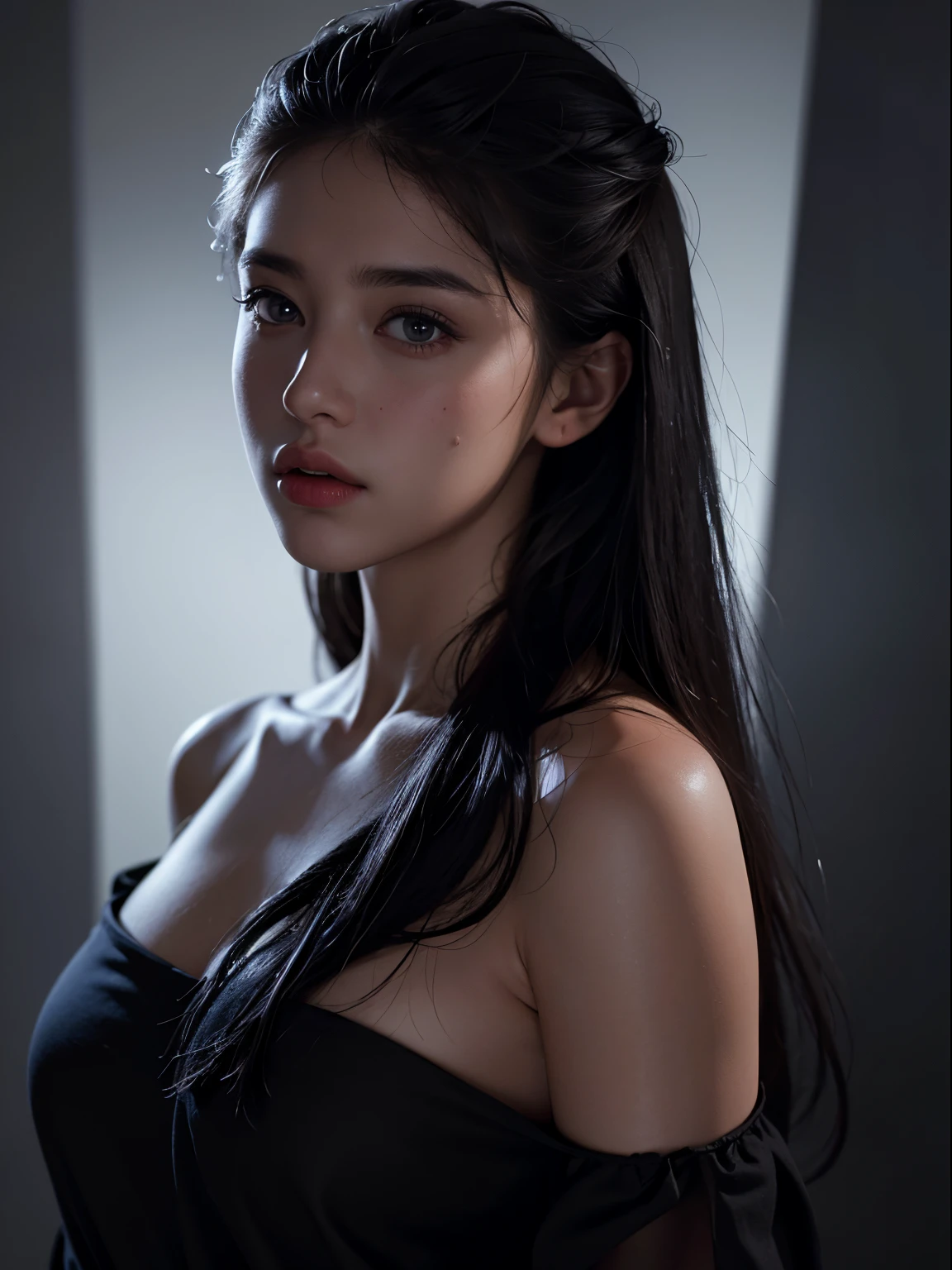 Best quality, masterpiece, ultra high res, (photorealistic:1.4), raw photo, 1girl, offshoulder, in the dark, deep shadow, low key, cold light
