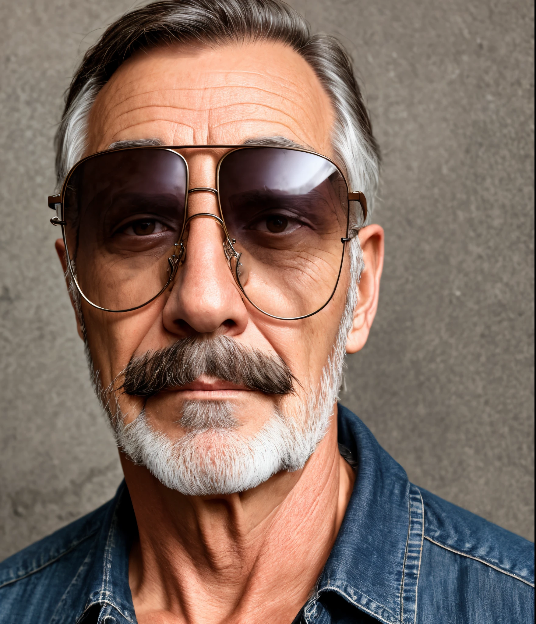 Man 63 years old, short brown hair, gafas, bigote, no barba, europeo, realista