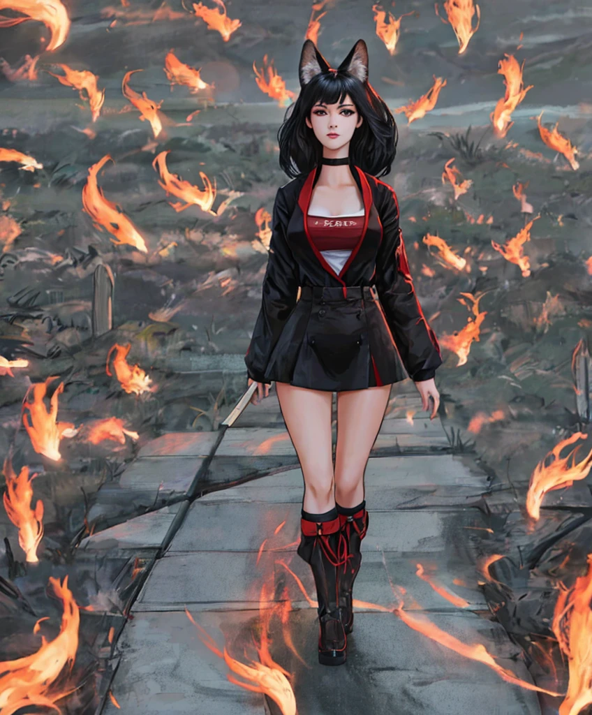 Woman, fox girl, nine tails, hot, Black hair, masterpiece, best quality, very detailed, high resolution, 4k, 8k