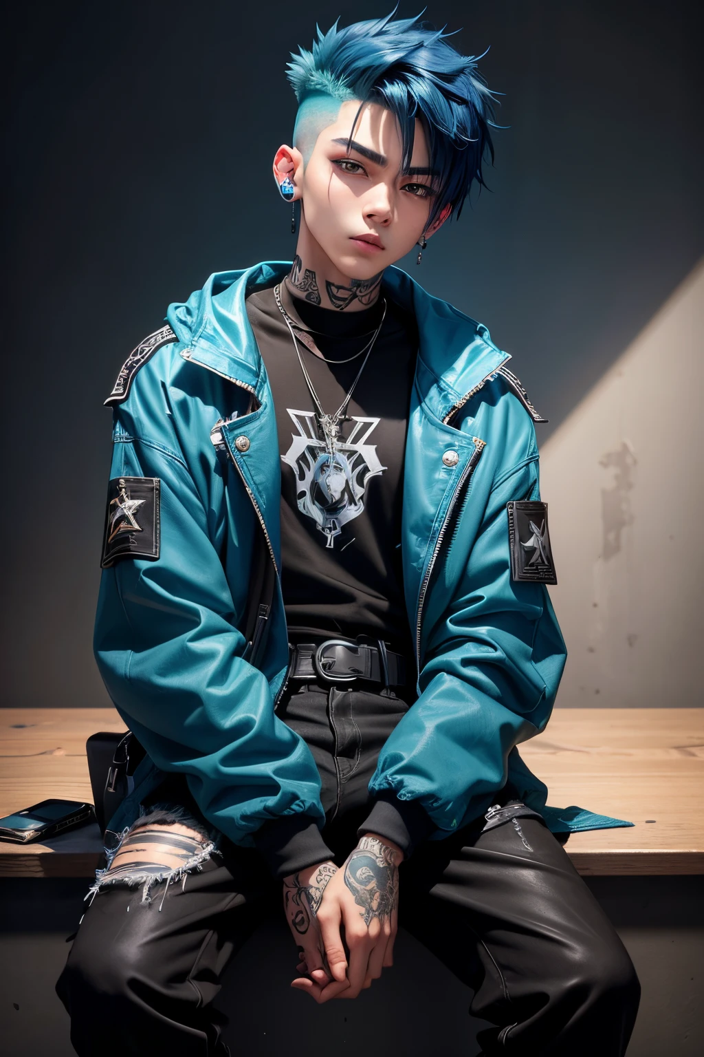 Kpop boy with fade cut blue hair, cute face, irresistible,sit pose, poser, serious face, full half body show, tattoos, wears cool black mixed blue ang green open jacket with long big sized shirt, long black pants with belt, paint background, popstar