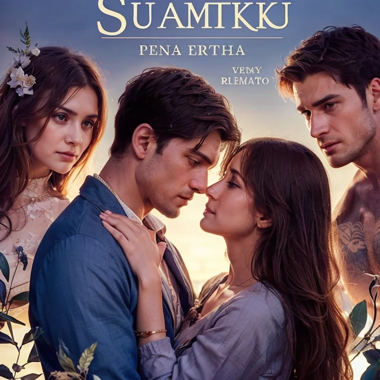Main couple in the middle of picture look at each other and hugging at each other, at the background there is a man and a woman that stare with the hate gaze to the main couple