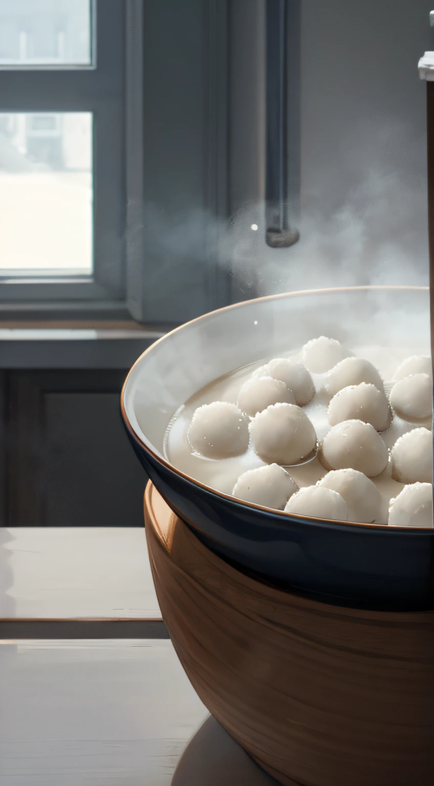 Snowflakes are falling outside the window,The glutinous rice balls in the bowl are steaming in the room